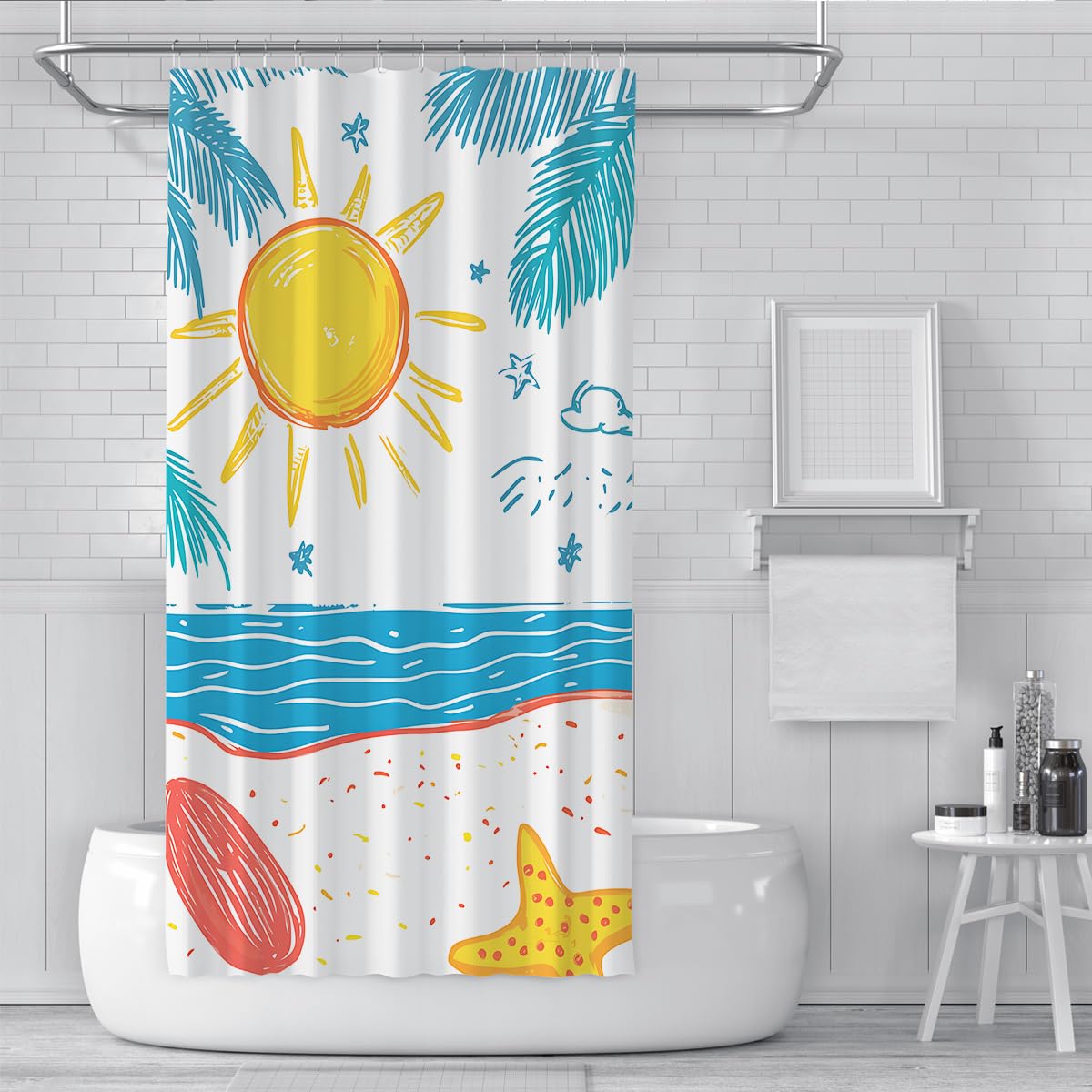 Cortinas de Ducha de Verano Dibujadas a Mano W150xL200cm grafitis adorables Sol Estrella de mar Palmera Estampada decoración de baño Infantil Impermeable Resistente al Moho con Ganchos