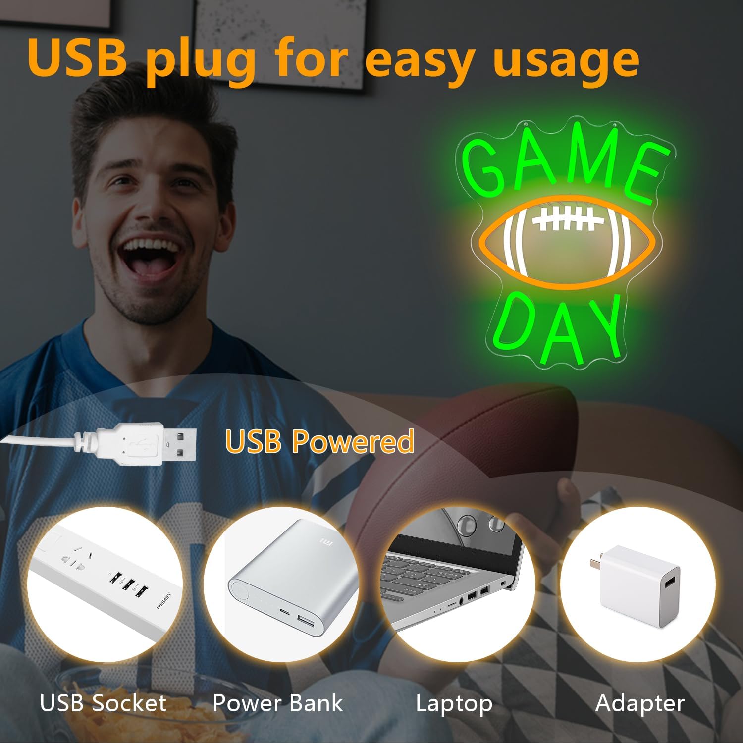Game Day Neon Sign for Wall Decor Football Neon Led Sign Game Day Decorations Rugby Neon Light Up Sign for Bedroom Man Cave Bar Club Sports Studio Themed Birthday Party College Dorm Decoration - Image 3