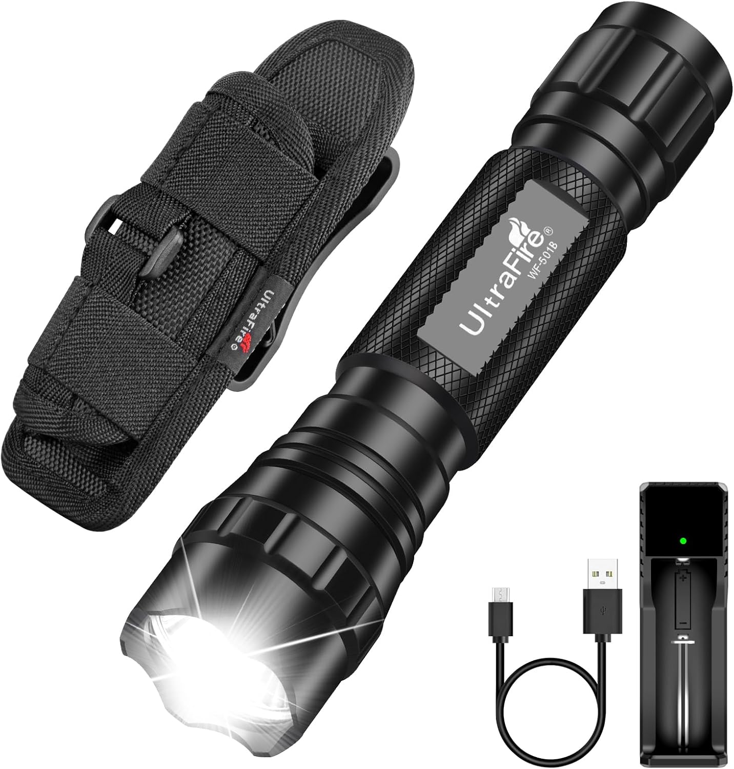 ULTRAFIRE Tactical Flashlight with Holster, Single Mode LED Flashlight 1000 High Lumen Duty Flashlights with Belt Holster and Charger, Bright Small Flash Light WF-501B