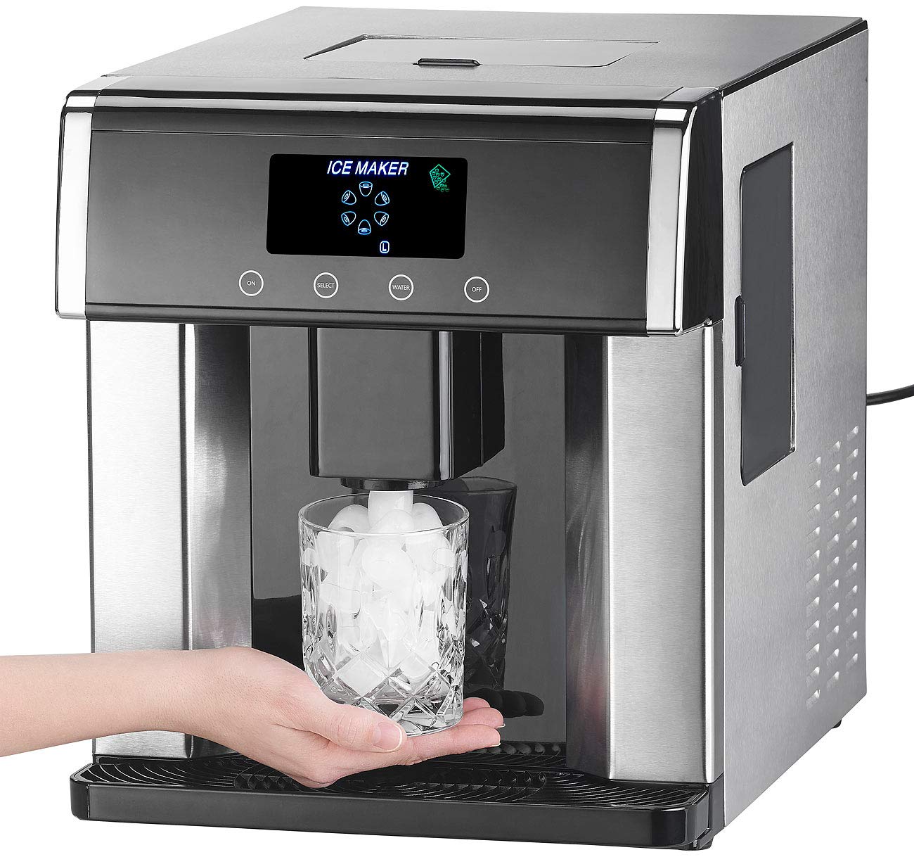 Rosenstein & Söhne Eiswürfelmaschine klein: Eiswürfelmaschine & Wasserspender V2 mit XL-Display, Edelstahl-Gehäuse (mit Spender, Wasserspender mit Eiswürfel, Ice)