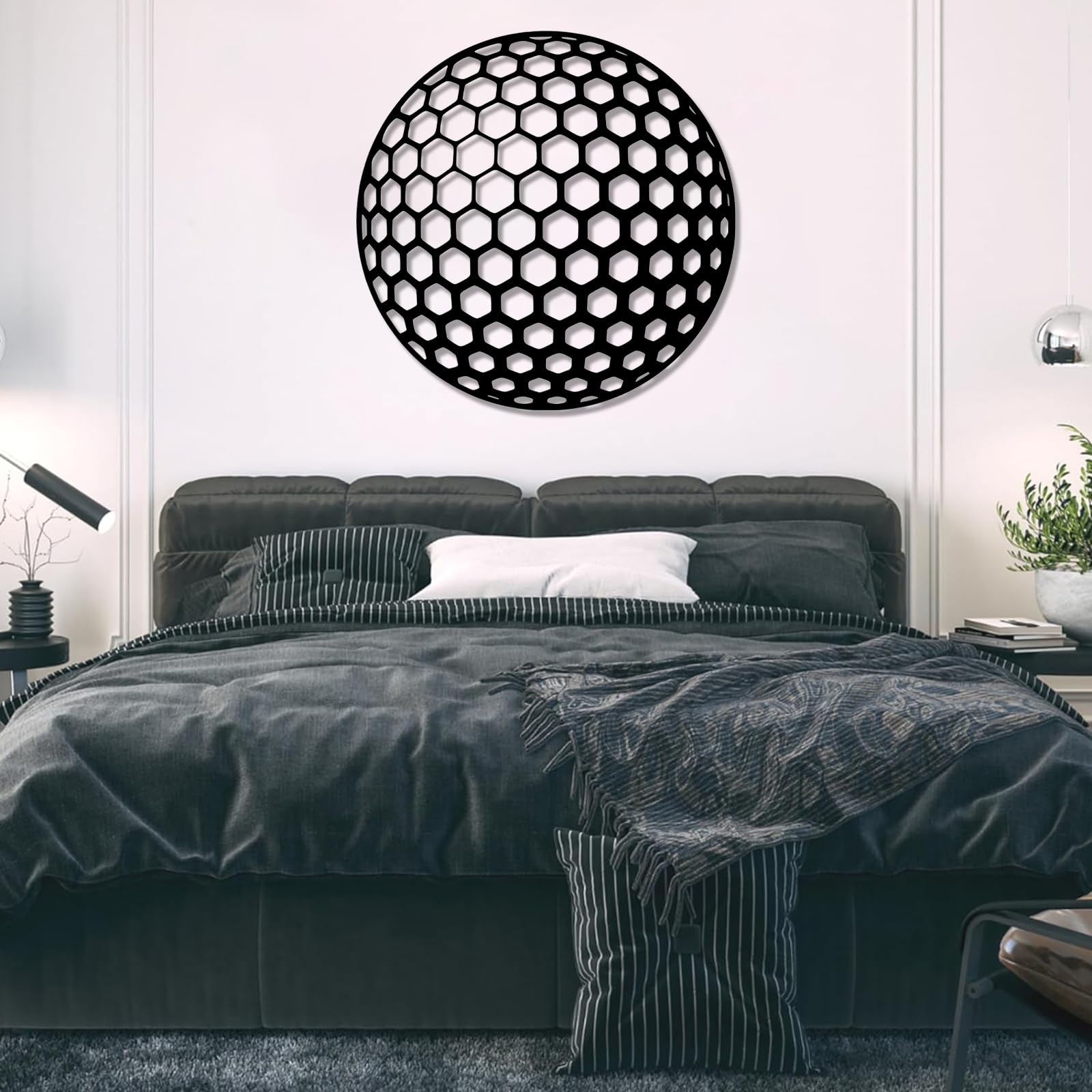 Decoración de pared abstracta contemporánea de metal con diseño de pelota de golf en 3D, decoración artística, regalo deportivo para papá, para él, para el hogar o el exterior (47x47 cm, plateado