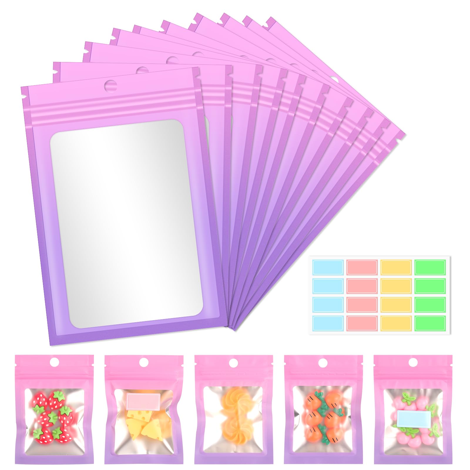 Resealable Mylar Bags, Smell Proof Bag for Food Storage, Holographic Packaging Pouch Bags with Front Window for Sample Snack Cookies Jewelry (2.75 x