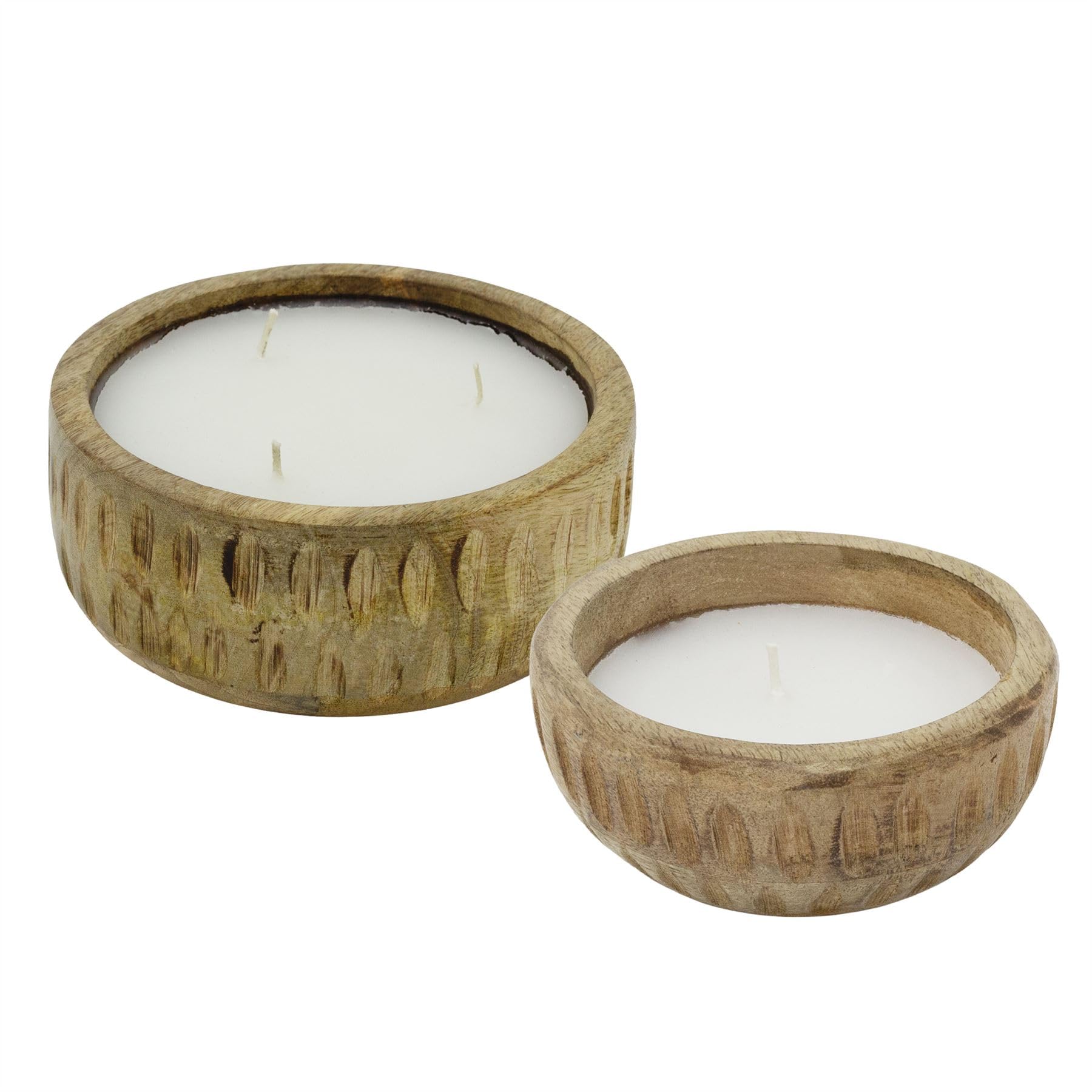 Mango Wood Candle Set, 1 Large 3-Wick and 1 Small 1-Wick White Scented Candles with Sandalwood & Bergamot, Rustic Wooden Holders