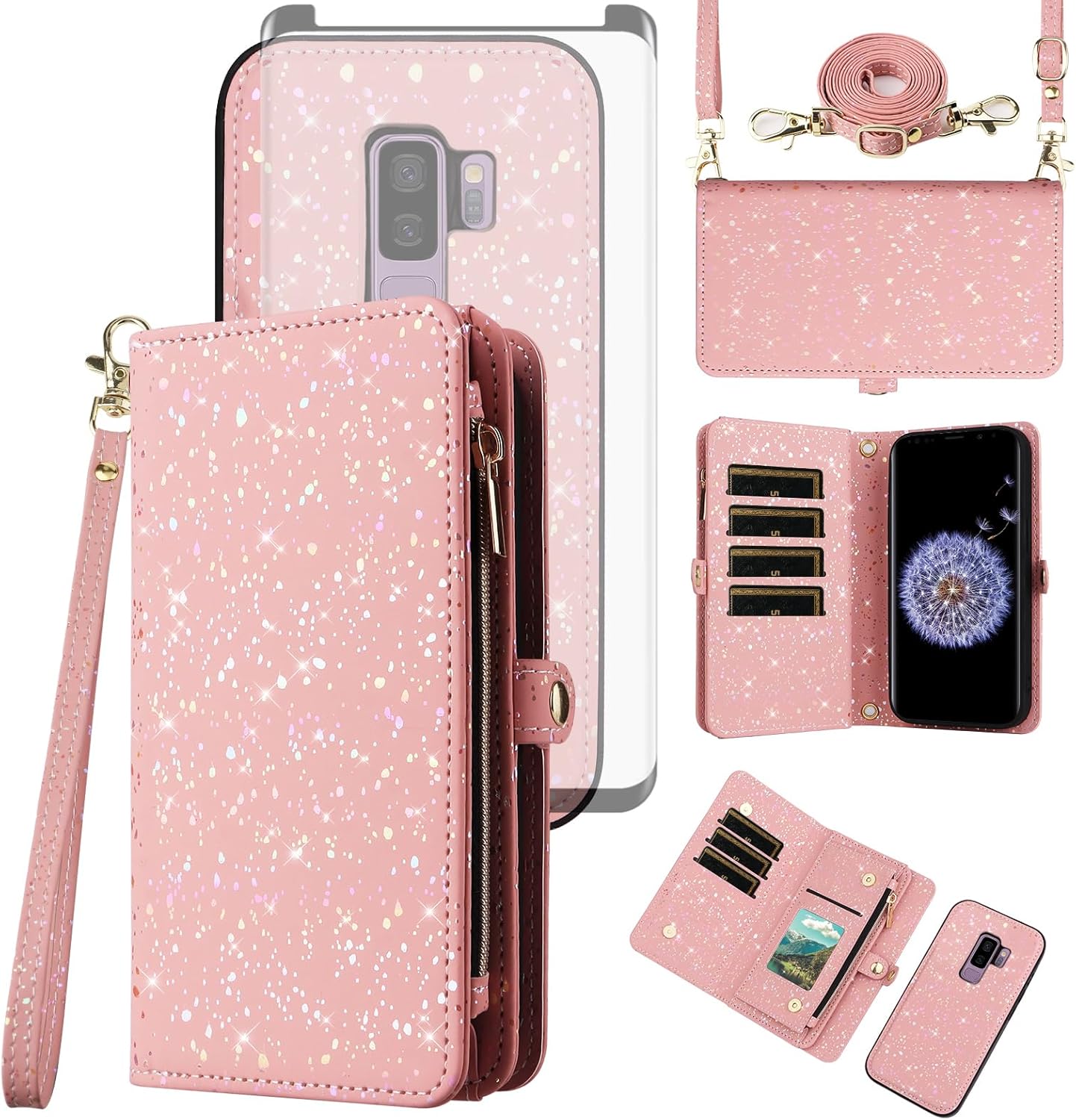 Asuwish Phone Case for Samsung Galaxy S9 Plus Zipper Wallet Magnetic Detachable Cover with Tempered Glass Screen Protector and Glitter Card Holder Stand Cell S9+ 9S 9+ S 9 9plus S9plus Women Men Pink