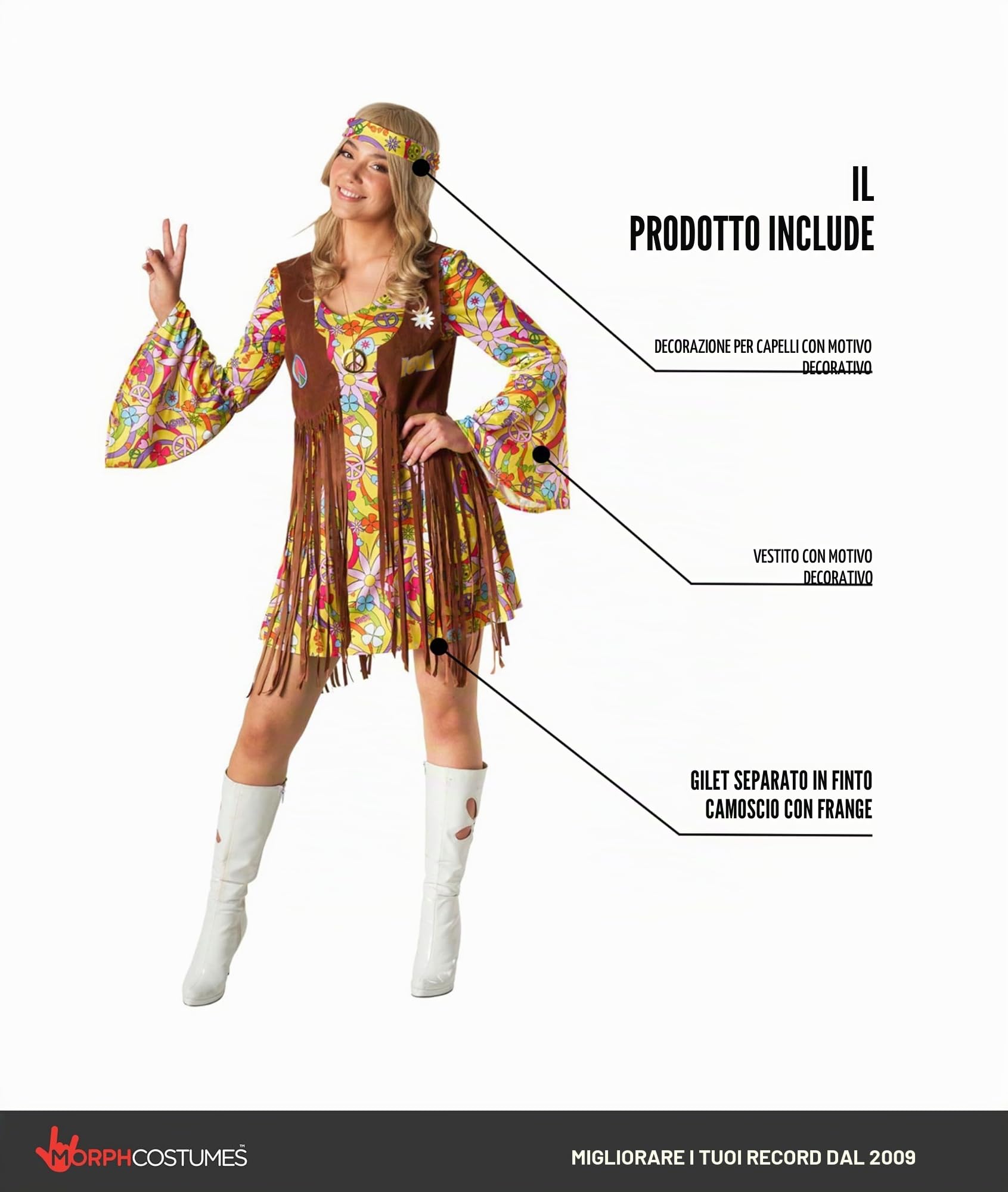 Morph Costume Anni 60 Donna, Costume Hippie Halloween Donna
