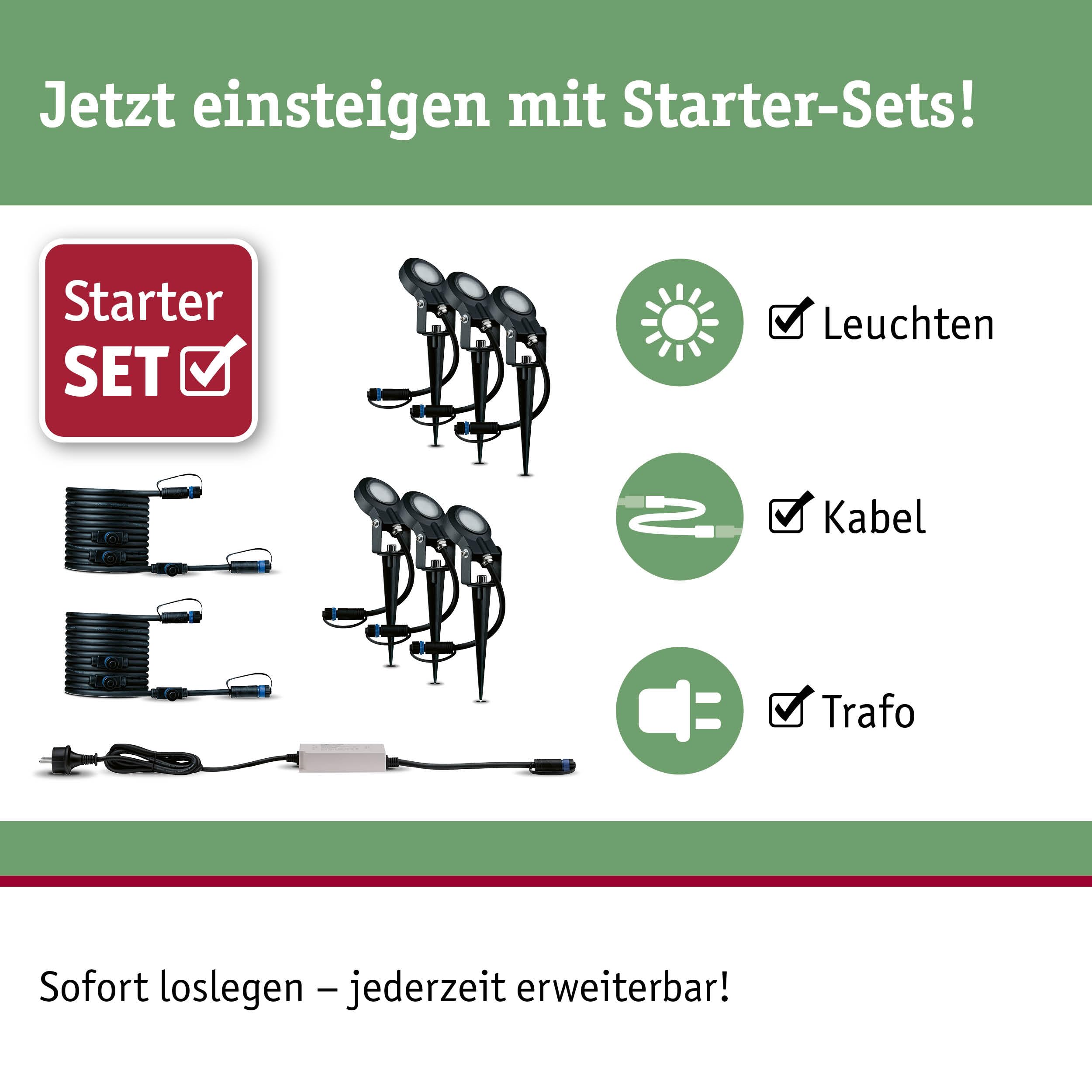 Paulmann 5217 Set Plug & Shine LED Gartenstrahler Sting 6er-Set IP67 rund 52 mm 3000K 6x6,4W 6x270lm 230/24V Anthrazit Aluminium