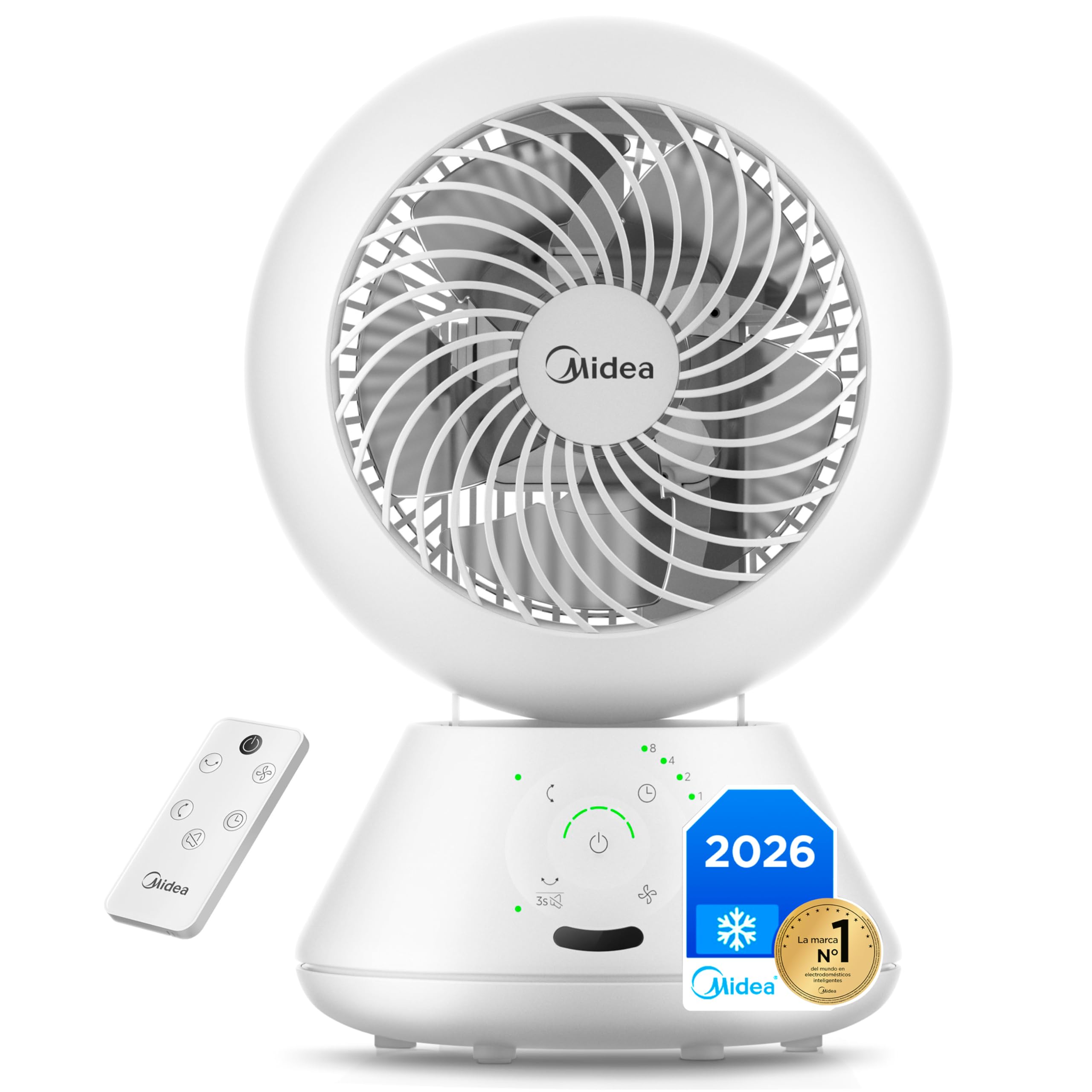 Midea Ventilador de Mesa Silencioso de 5 Velocidades con Mando a Distancia - Ventilador Pequeño Portatil con Oscilación Automática 120º + 105º, Temporizador de 15 horas - Alcance de hasta 15 metros