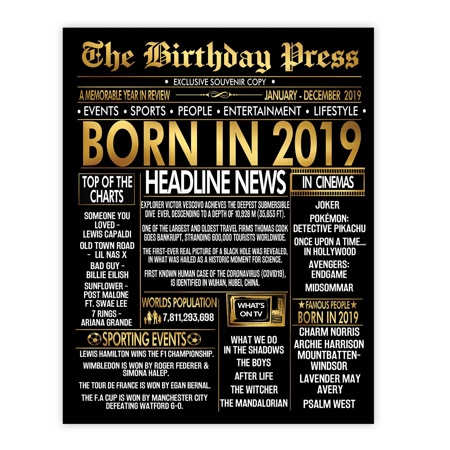 Stuff4 Gold 7th Birthday Poster Unframed, Golden Born In 2019 Newspaper