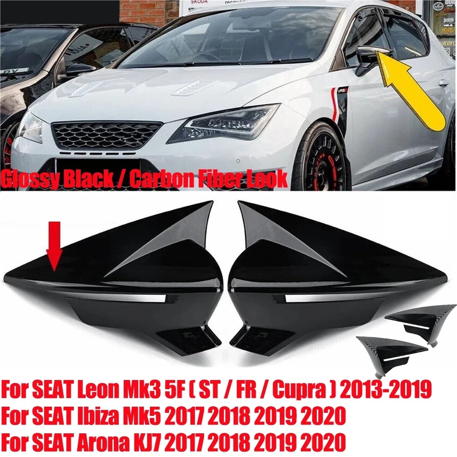 Naklejka przeciwmgielna na lusterko Osłony lusterek bocznych w kolorze czarnym błyszczącym z włókna węglowego pasujące do Seata Leona MK3 MK3.5 5F ST FR Cupra 2013-2019.(Carbon Fiber)