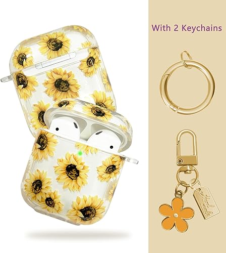 Miniatura 2 de Funda compatible con AirPods, funda de TPU suave con bonito patrón de flores para AirPods de 2 y 1 generación con llavero colgante y mosquetón para