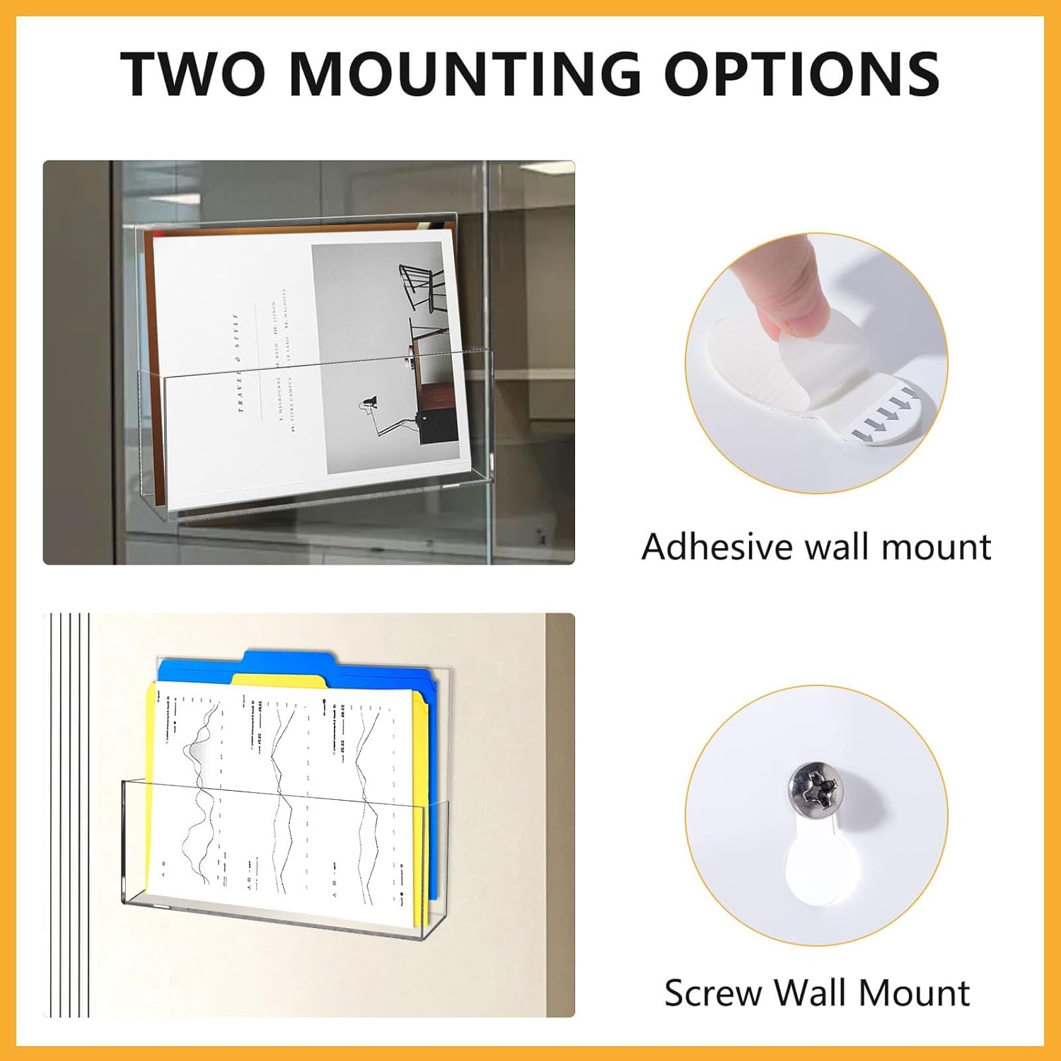 JUESHA 2 Pack Clear Acrylic File Holder Wall Mount Self Adhesive, Letter Size Hanging Paper Organizer, Wall Pocket File Holder Storage for Letter Folder Brochure Magazine Bookshelf Literature Display