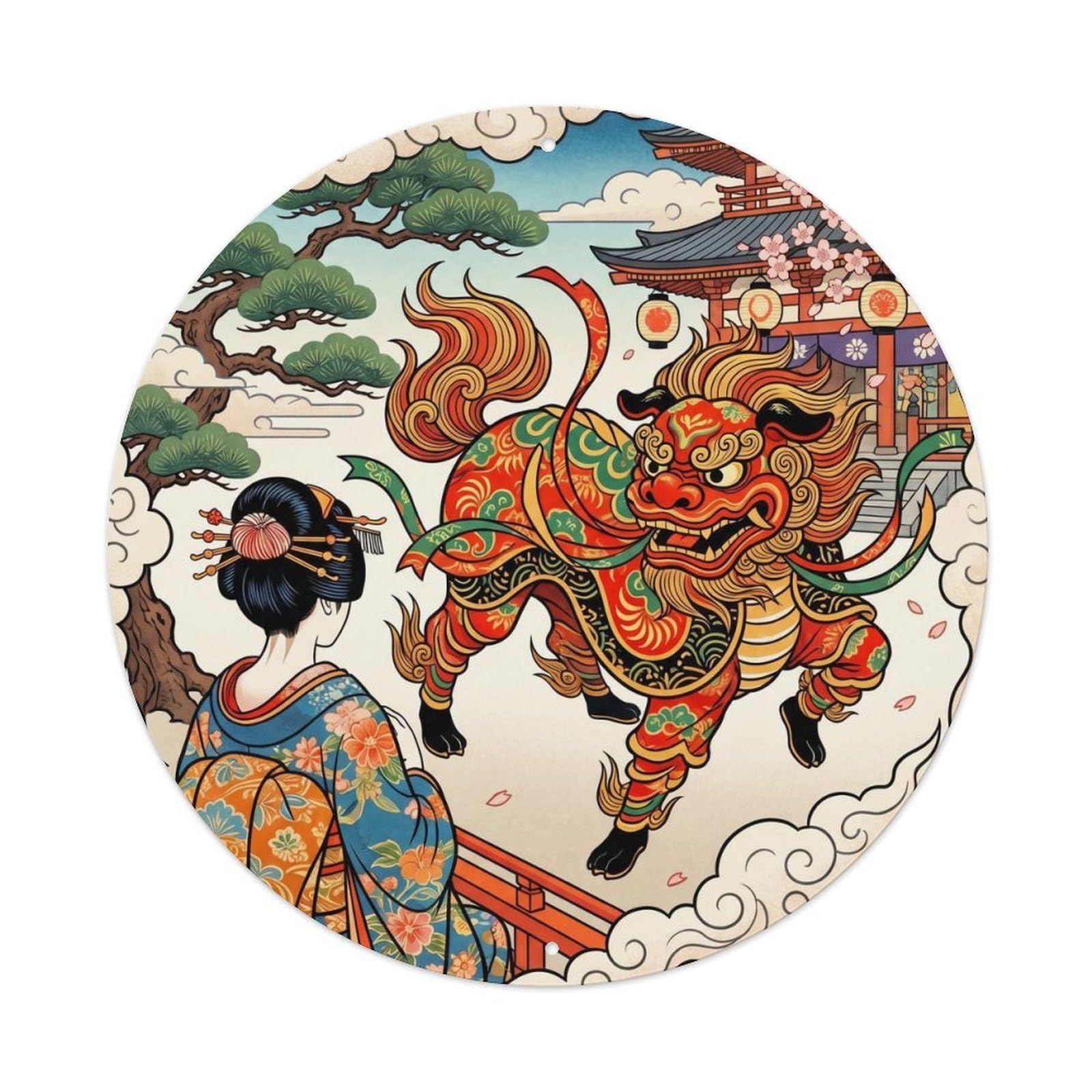 Galvaxio Style Japanese Kimono Woman Watching Lion Dance Performance Metal Tin Sign