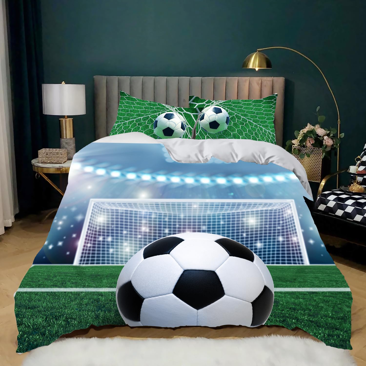 Copripiumino da Calcio 135×200 cm,Biancheria da Letto con Stampa Calcio per Bambini,Copripiumino con Stampa Calcio 3D + 2 Federe 50 x 75 cm(Football 3)