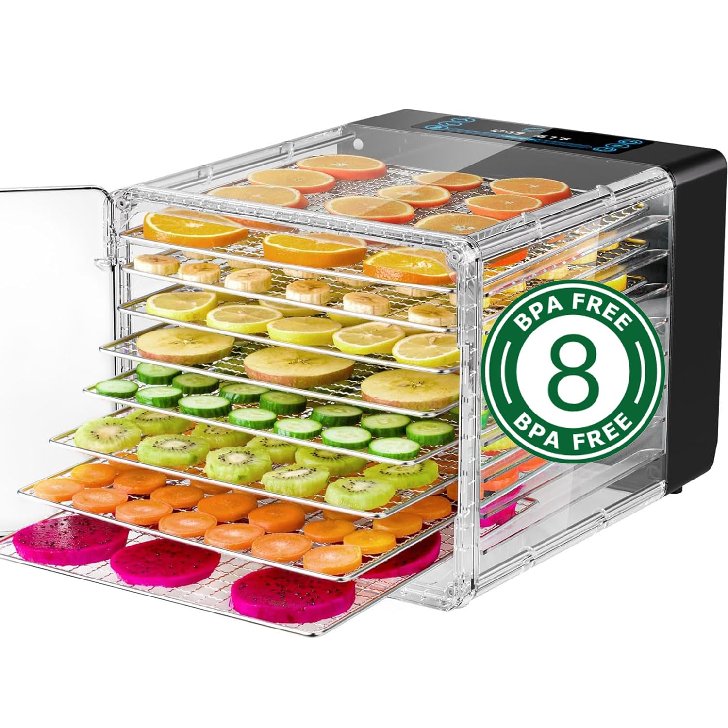Reemix 8 Plateaux Déshydrateur Alimentaire en Acier Inoxydable, Contrôle tactile LED, avec Température Réglable 30 à 75°C et Minuterie Numérique (0-48h), Livre de Recettes Inclus