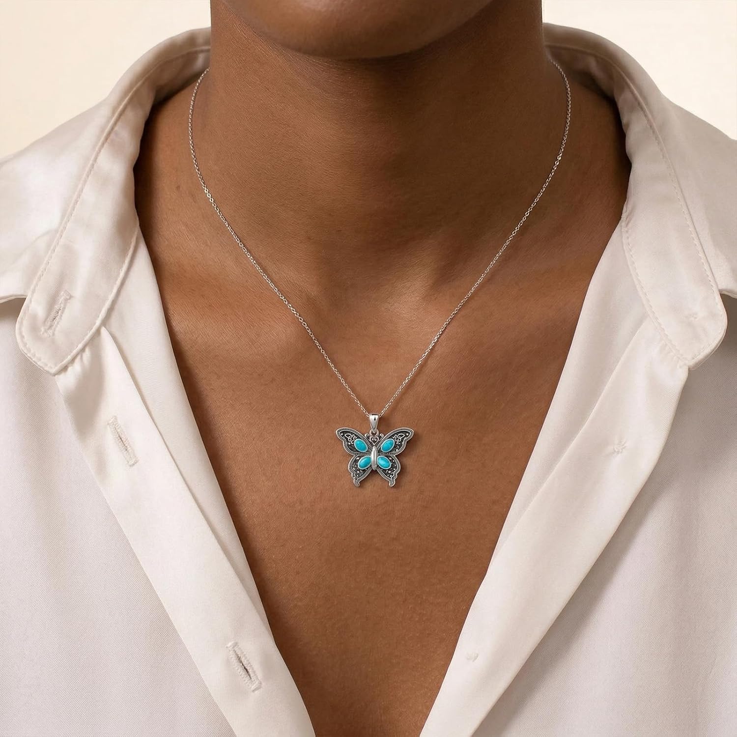 Genuine Turquoise Butterfly Pendant Necklace, 925 Sterling Silver Boho Vintage Southwestern Jewelry Birthday Gift for Women