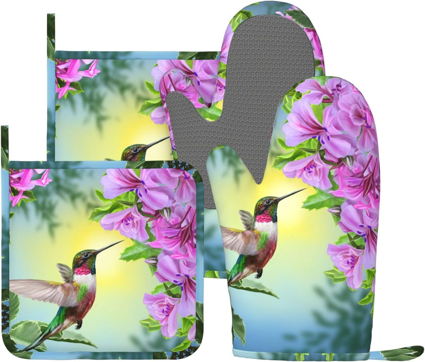 Bird Hummingbird Flower Oven Mitts And Pot Holders Set Of 4 Silicone Heat Resistant Oven Mitten Potholders Non Slip Gloves Kitchen Decor For Bbq Cooking Grilling Baking