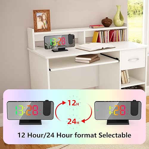 Vista 16 de Reloj despertador de proyección para techo de dormitorio, proyector giratorio de 180°, espejo de 7.4 pulgadas, pantalla LED digital RGB de 12/24