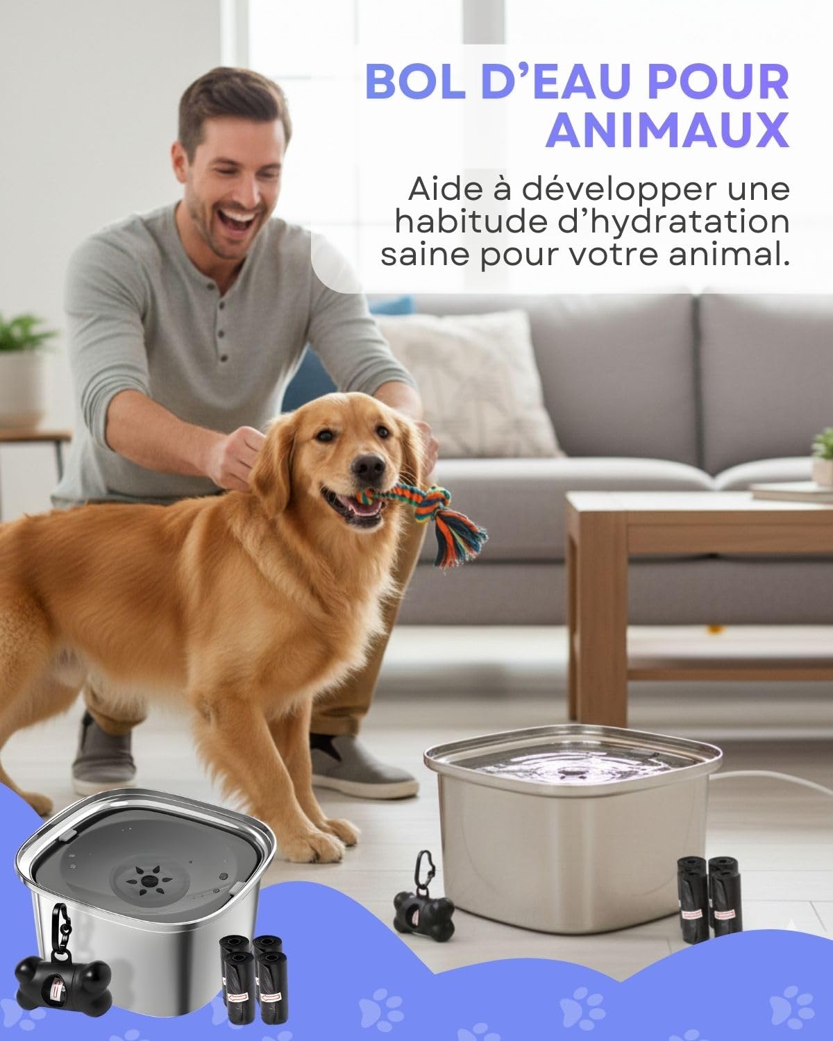 Gamelle pour Chien - Capacité 3L - Bol Anti Eclaboussure Débordement Renversement - - Gamelle Chien - Distributeur Sacs avec 4 Sacs Inclus