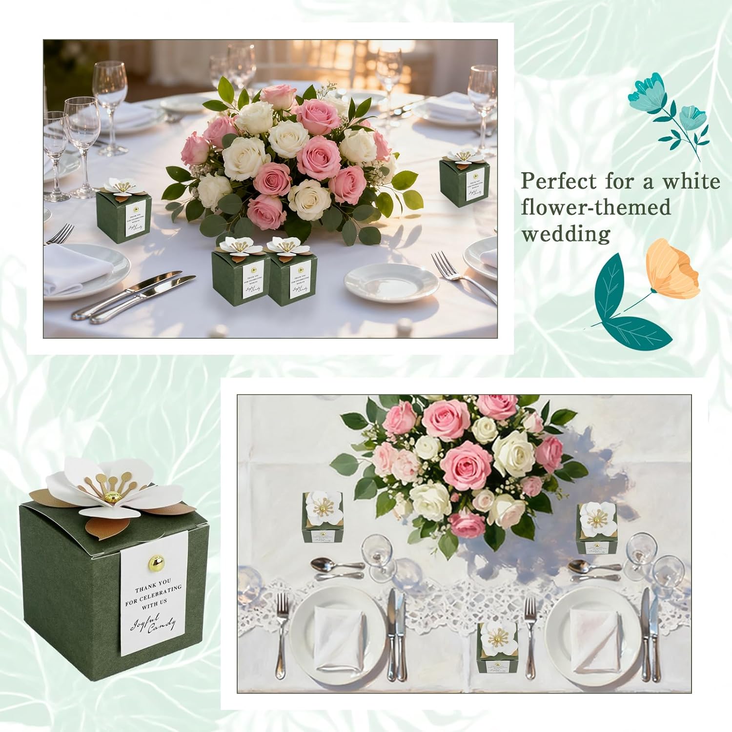 PEDOBALI 52 Pcs Wedding Favor Boxes with Thanks Card Green Square Bridal Candy Gift Box Flower Gift Paper Boxesfor Wedding Birthday Party Anniversary - Image 6