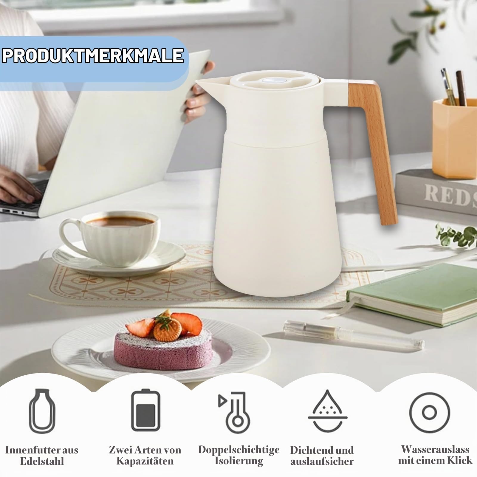 Thermoskanne Kaffeekannen Edelstahl 18/10, Vakuum Isolations, Mit Holzgriff, Thermosflasche Für Heißen Und Kalten Tee Kaffee, Isolierkanne, Für Home Office Hotel (Beige,2L)