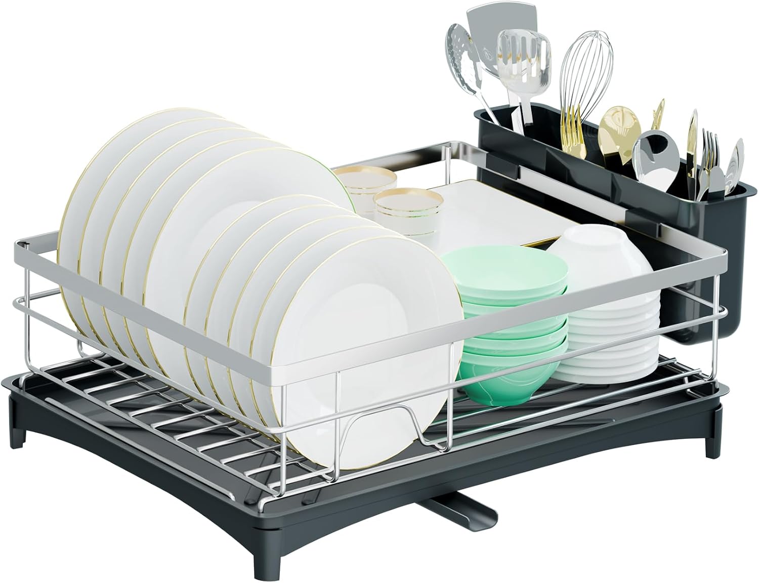 Dish Drying Rack - Space-Saving Dish Rack for Kitchen Counter with Removeable Cutlery Holder,Rustproof & Sturdy Auto-Drain Organizer for Plates,Cups,Knife,Silvery