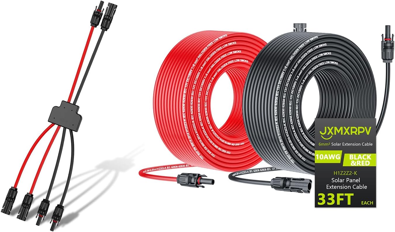 Solar Charge Controller Extension Cable 33 Ft 10AWG (6mm²) with Female and Male Connector, Weatherproof Solar Panel Extension Cable Wire Adapter Kit for Home Boat RV Solar Panels (33FT 10AWG)