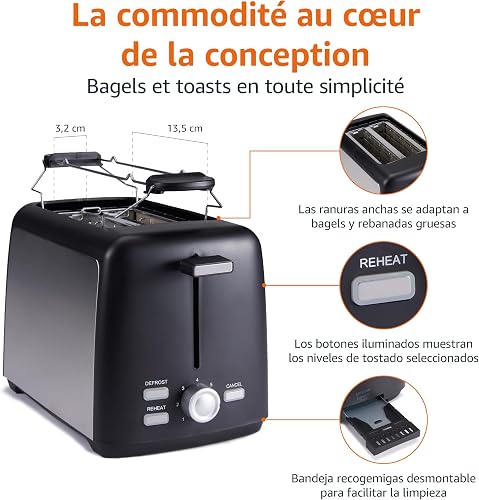 Amazon Basics Grille-Pain 2 Tranches avec 7 Niveaux de Dorage et Tiroir Ramasse-miettes Amovible, Fentes Extra Larges, 800W, Noir - 3