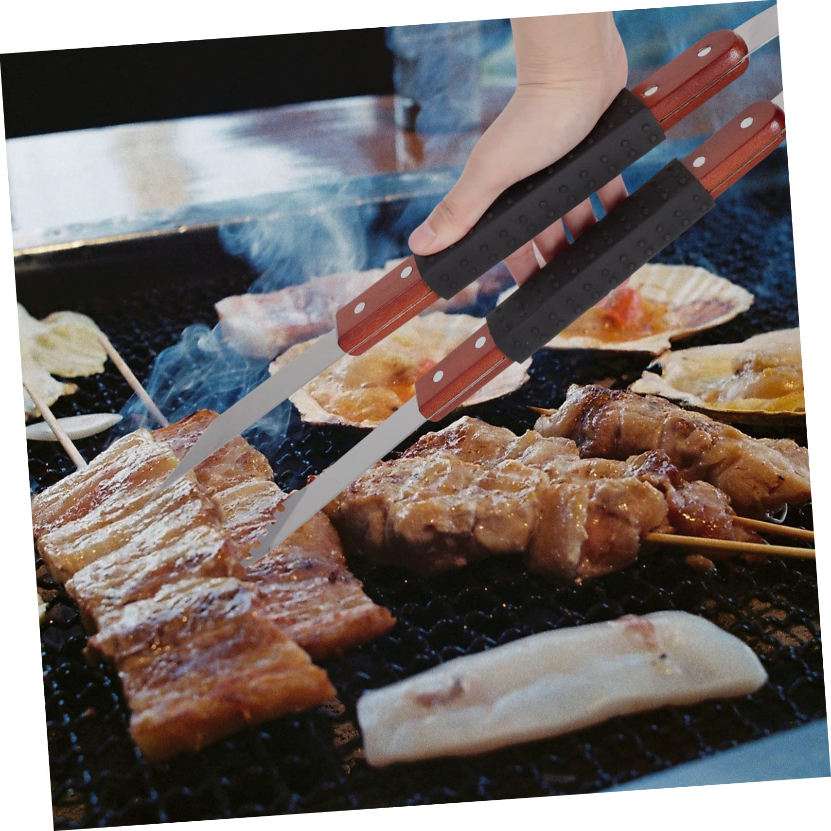 HANABASS Pinze da Griglia in Metallo Inossidabile con Manico in Legno, Utensili per Buffet e Cucina, Accessori per Barbecue Esterno