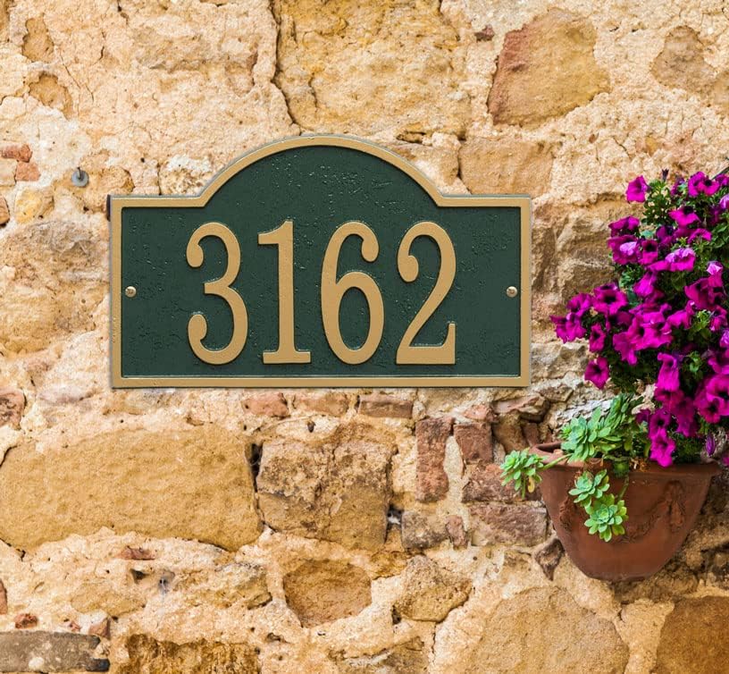 Personalized House Number Sign - Custom Address Plaque - Cast Aluminum Metal - Green With Gold