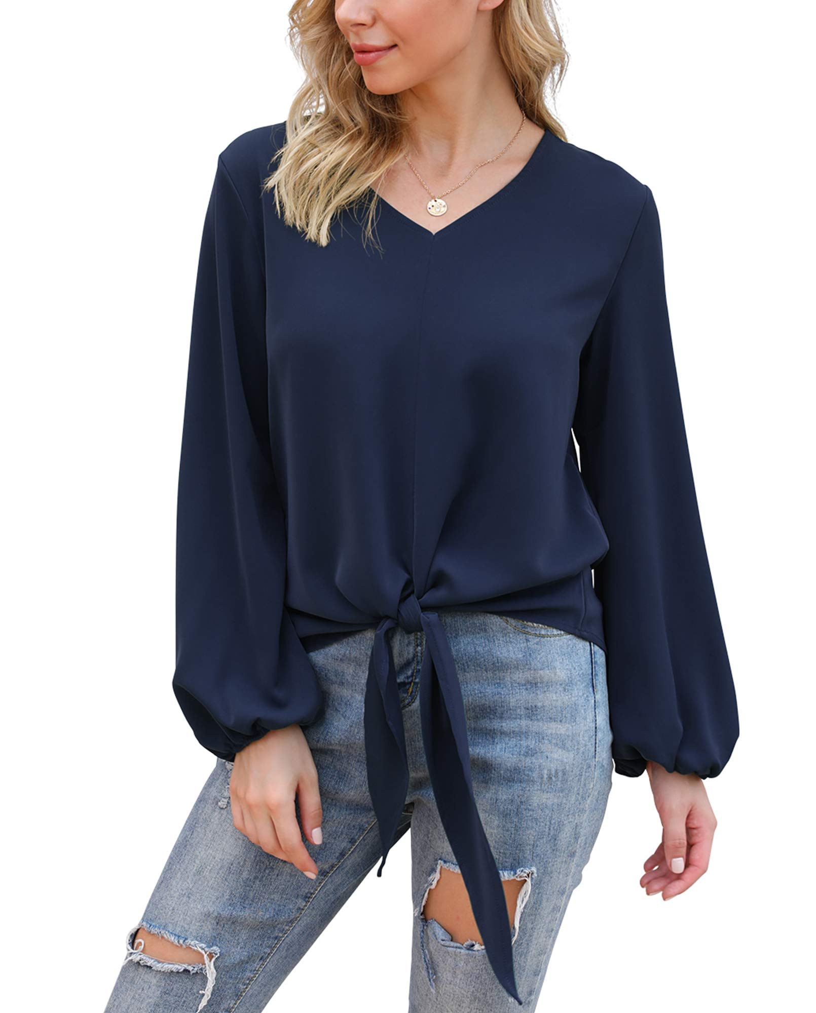 VIISHOW Womens Tie Front Knot Lartern Sleeve Loose Fit V Neck Floral Blouses Chiffon Tops Shirts