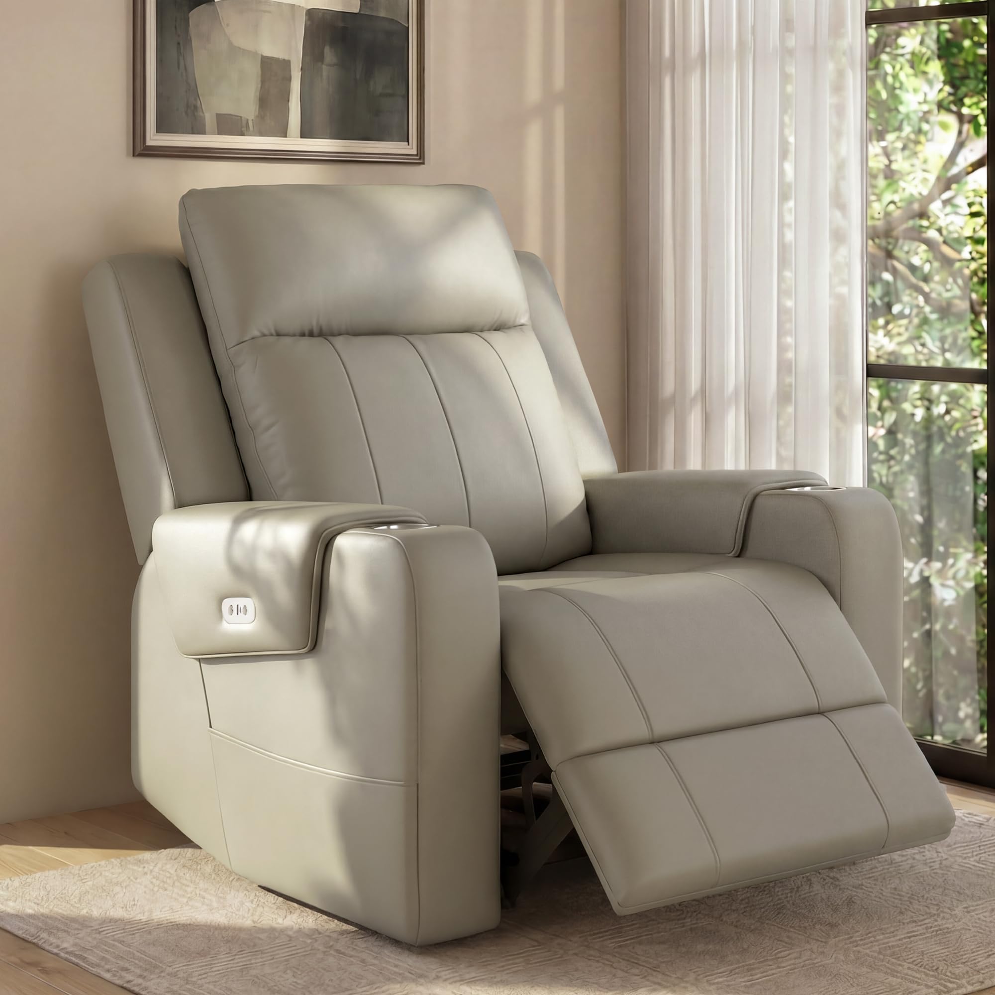 FlexiSpot FLEXISPOT Truffle Genuine Leather Power Recliner Chairs for Adults, Electric Wall Hugger RV Recliner with Adjustable Headrest, Massage & Heat, Compact Sofa for Living Room Home Theater, Light Brown