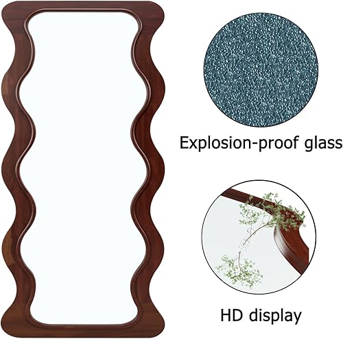 Miniatura 5 de Espejo ondulado de 65 x 24 pulgadas, espejo de longitud completa con marco de madera, espejo de piso, espejo de pared irregular, para colgar o