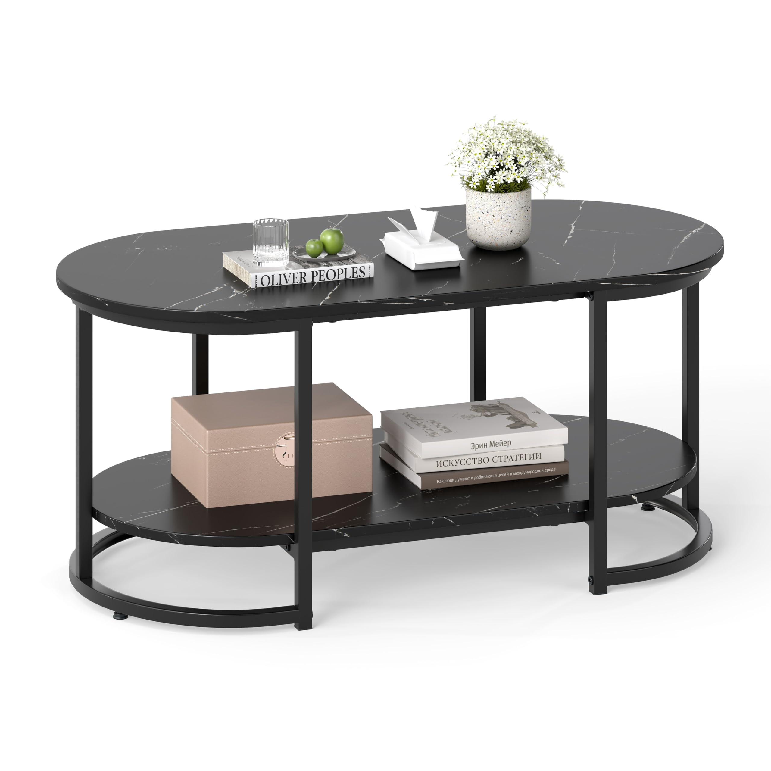 CASART Faux Marble Coffee Table, 2-Tier Center Table with Wide Tabletop & Open Shelf, Metal Frame Accent Coffee Tables for Living Room Bedroom Office (Black)