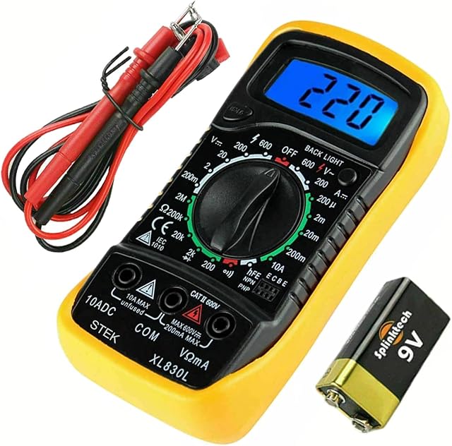 Digital Multimeter AC/DC Voltage DC Current Resistance Diodes Transistor Continuity Electrical Frequency Circuit Test Meter Car Battery Multi Tester Voltmeter Ammeter Ohmmeter Test Leads Backlight LCD