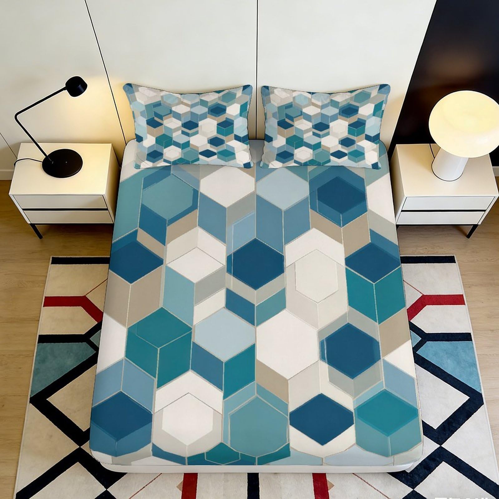 3D Printed Blue Geometric Fitted Sheet Microfiber Soft Breathable Hexagon Bed Cover for Bedroom Dormitory Guest Room Mattress Protection Decor 200x200x25cm