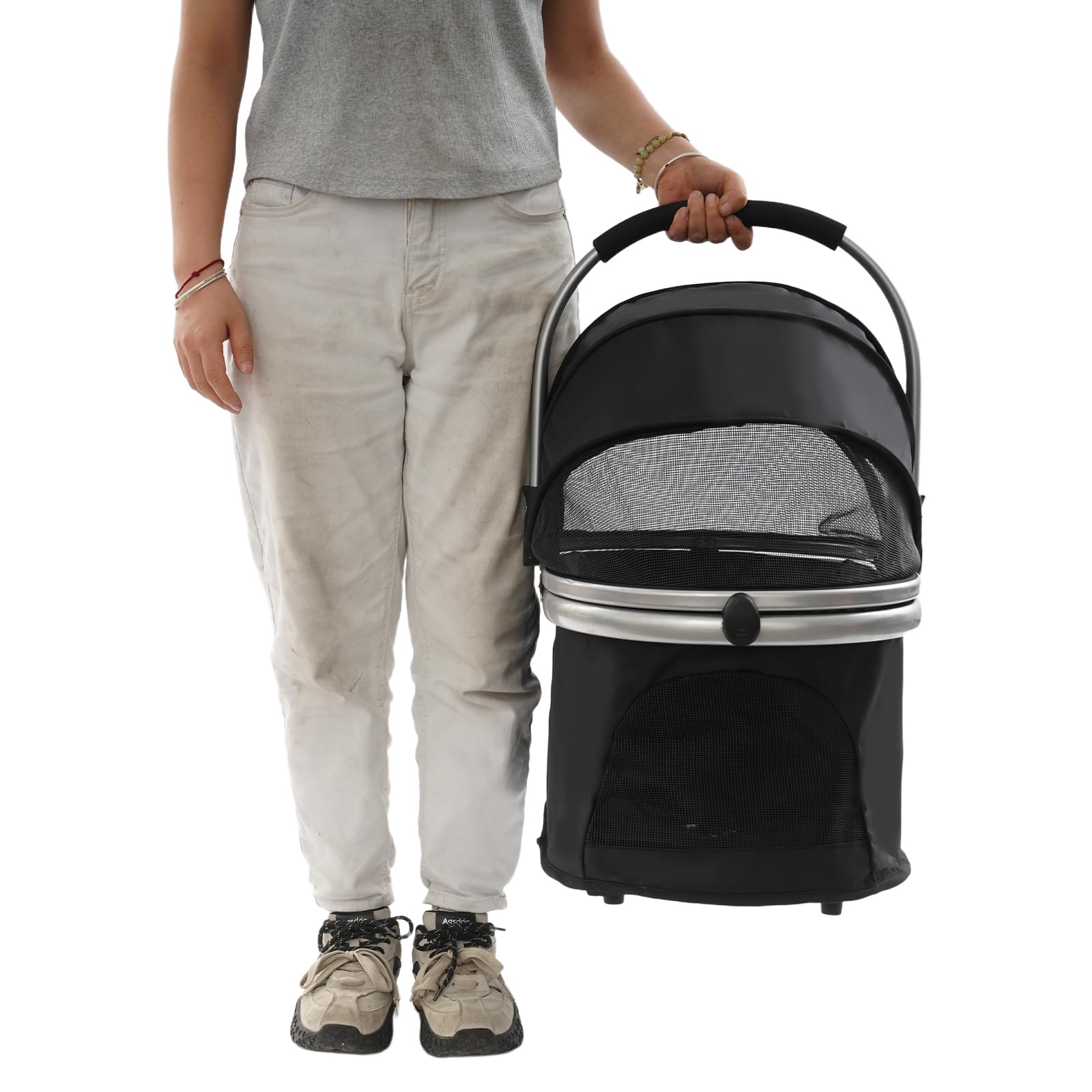 Cochecito plegable para perros, con ruedas universales, para gatos y perros pequeños, capacidad de carga de hasta 12 kg, tamaño del producto plegado 21,5 x 80 cm (negro)
