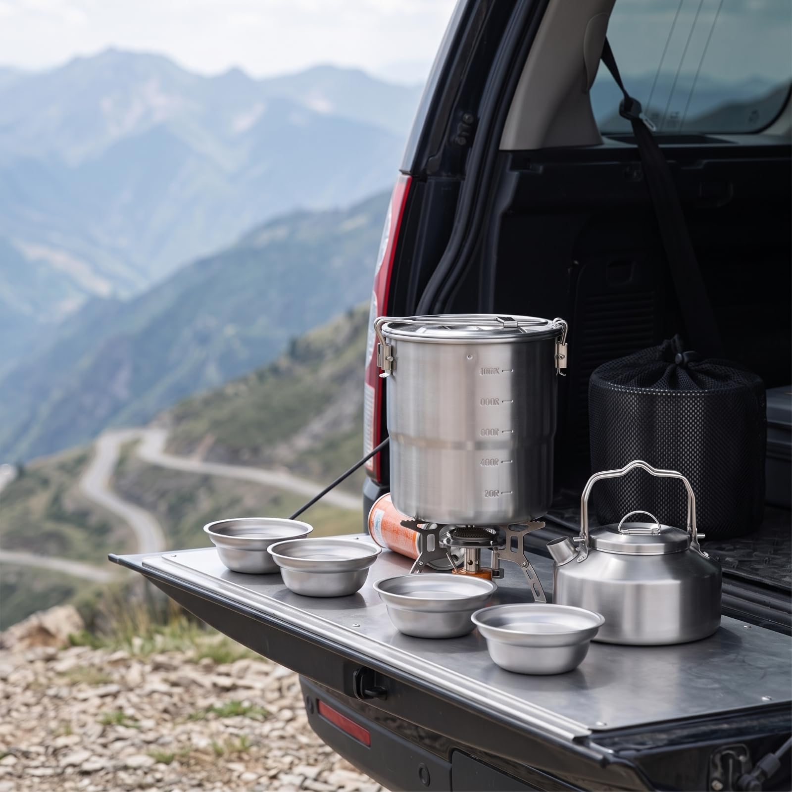 6 Pezzi Set di Pentole da Campeggio Compatto Campeggio Portatile Impilabile Stoviglie per Campeggiatori, Viaggiatori, Camperista