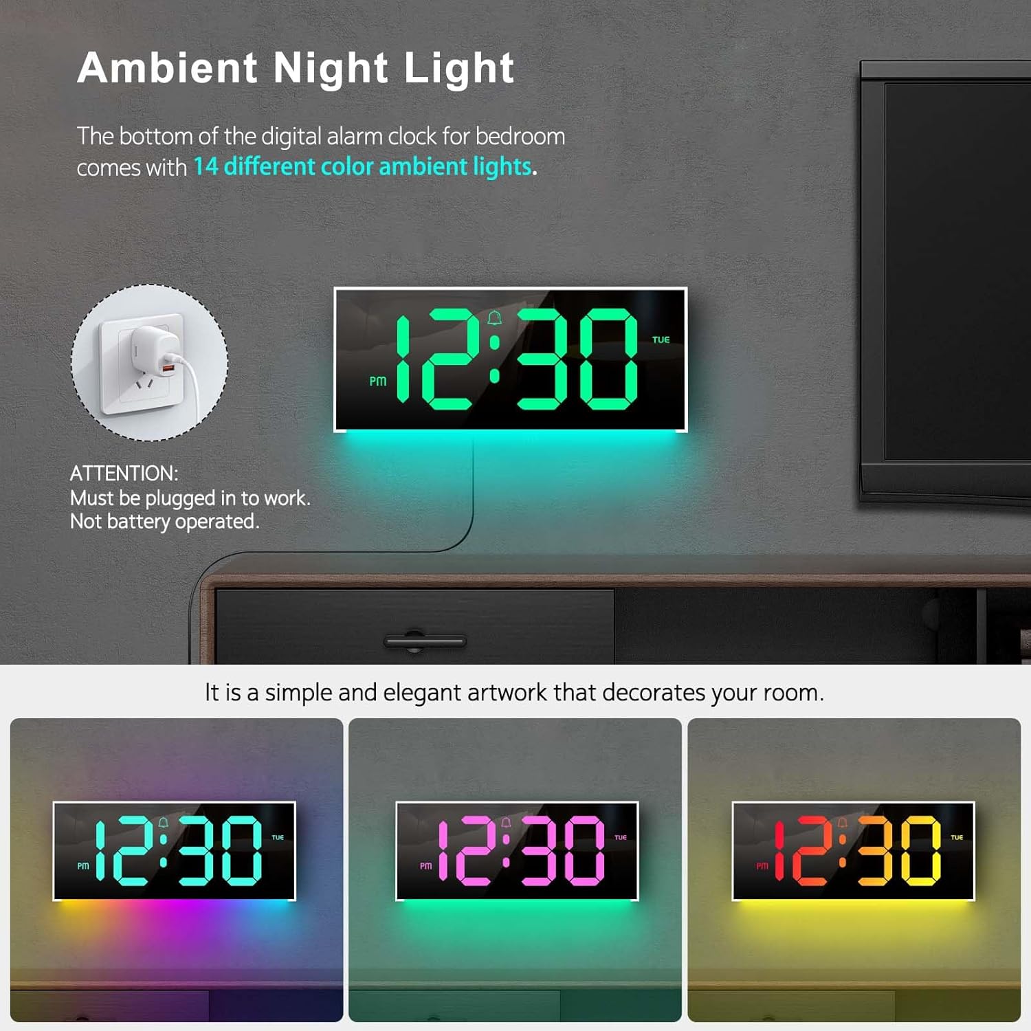 Clock with ambient night light in various colors, placed in a bedroom setting