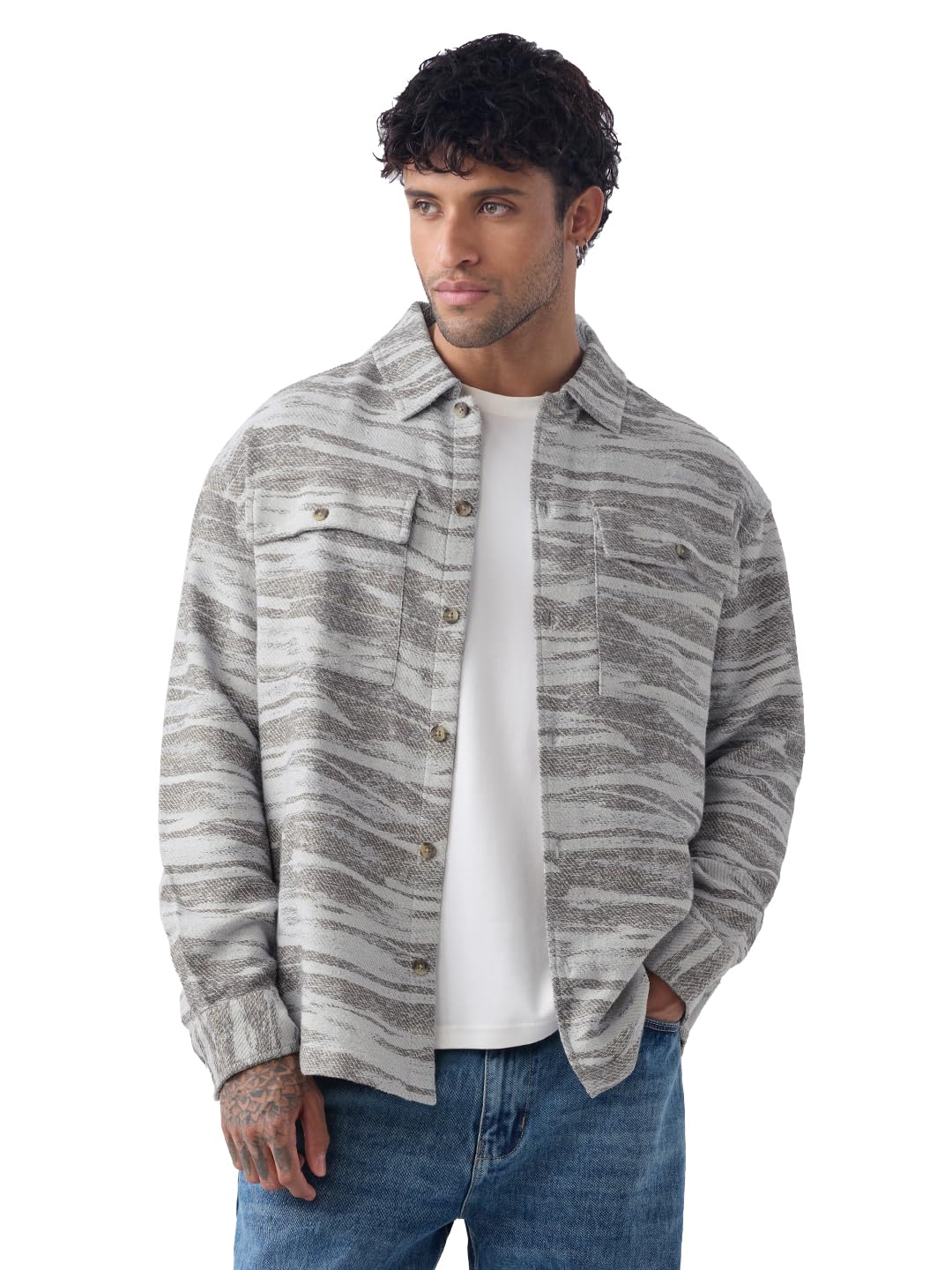 Jacquard: Ash Terrain Men and Boys Full Sleeves Spread Collar Button Front Textured Cotton Polyester Lightweight Everyday Casual Oversized Shacket-image-39