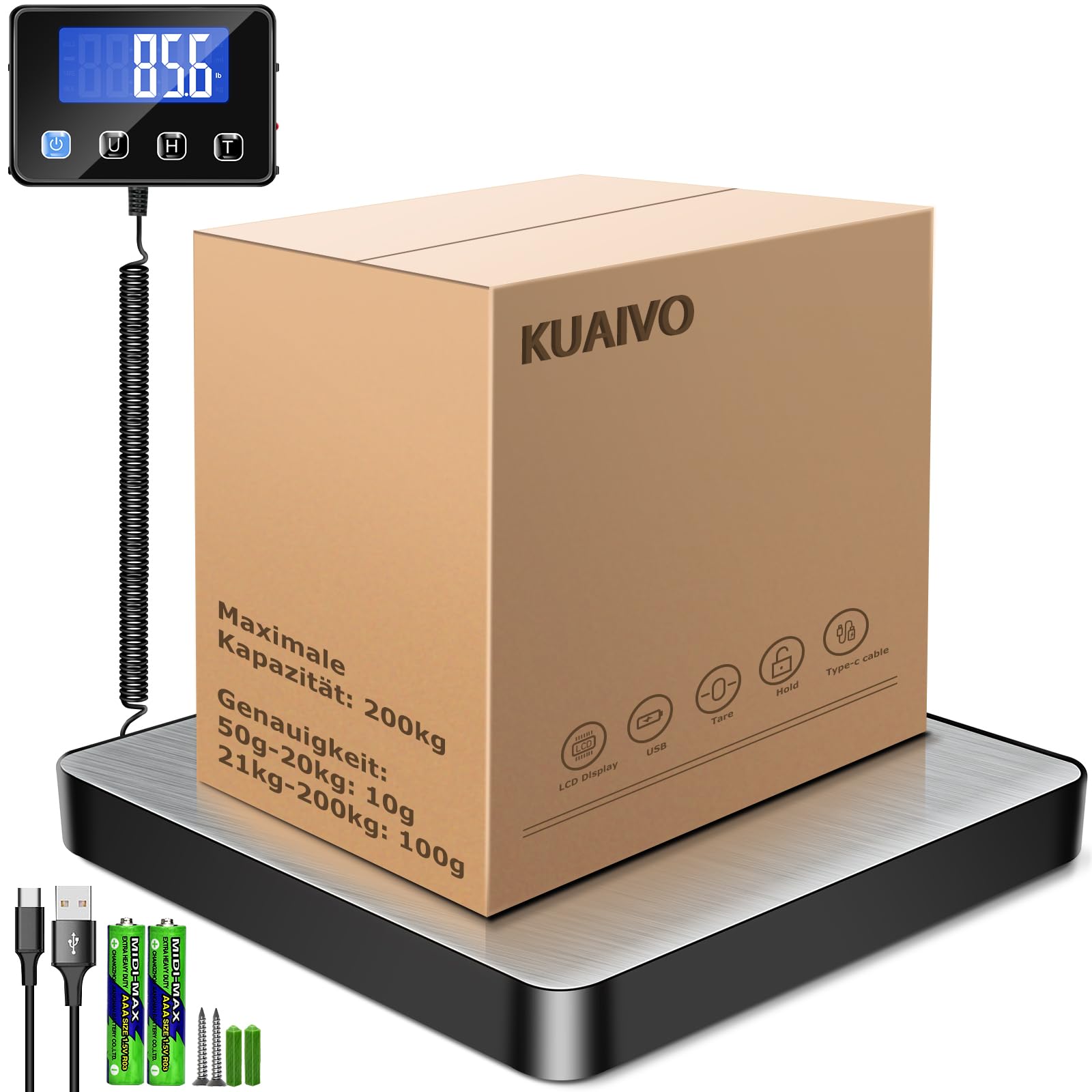 KUAIVO Paketwaage, Hochpräzise Plattformwaage 200kg/10g mit LCD/Hold/Tara Funktion, Postwaage aus Edelstahl für Pakete, Gepäck, Lagerhaus, Unternehmen und für den Hausgebrauch, Aufladbar