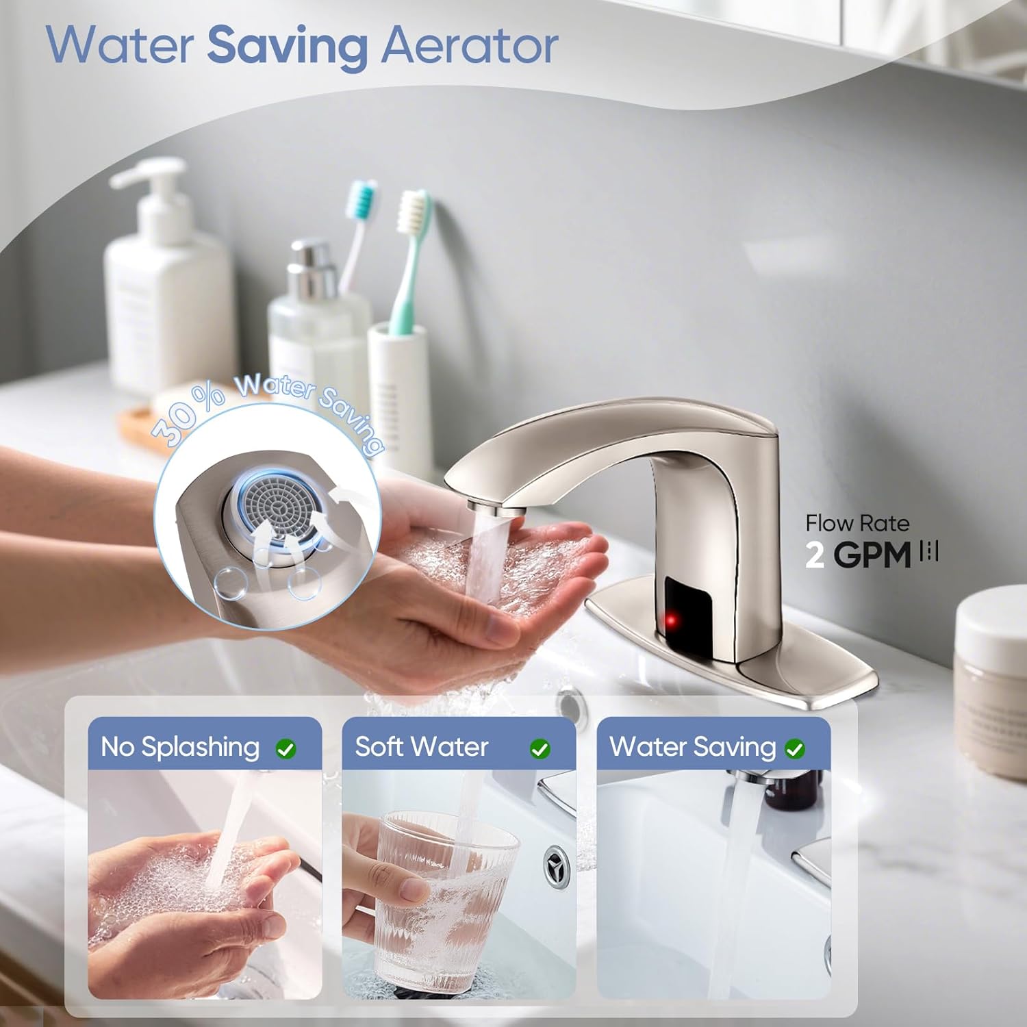 Automatic Touchless Bathroom Sink Faucet Sensor Motion Activated Commercial Faucets Hands Free Infrared Residential Elegant Basin Tap with Deck Plate Water Mixer Valve Control Box (Nickle)