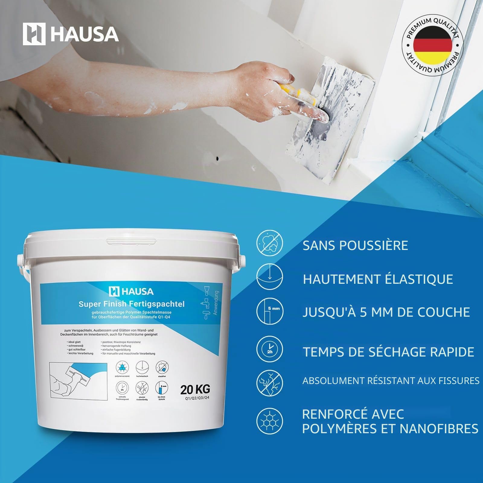 HAUSA Super Finish Enduit prêt à l'emploi pour intérieur - Enduit fin pour cloisons sèches - Blanc 20 kg