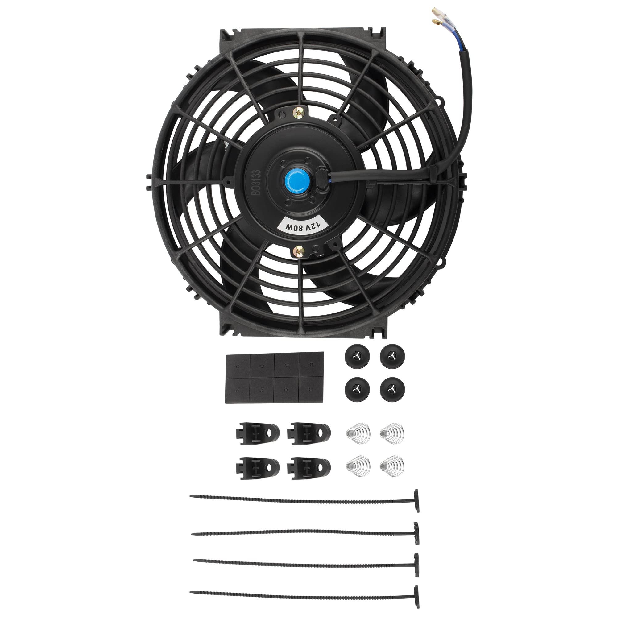 BOXI 10" Universal Electric Radiator Cooling Slim Fan 12V with Mounting Kit (Heavy Duty Wide Curved - 6 S Blades 10 Inch Pull Fan Black)