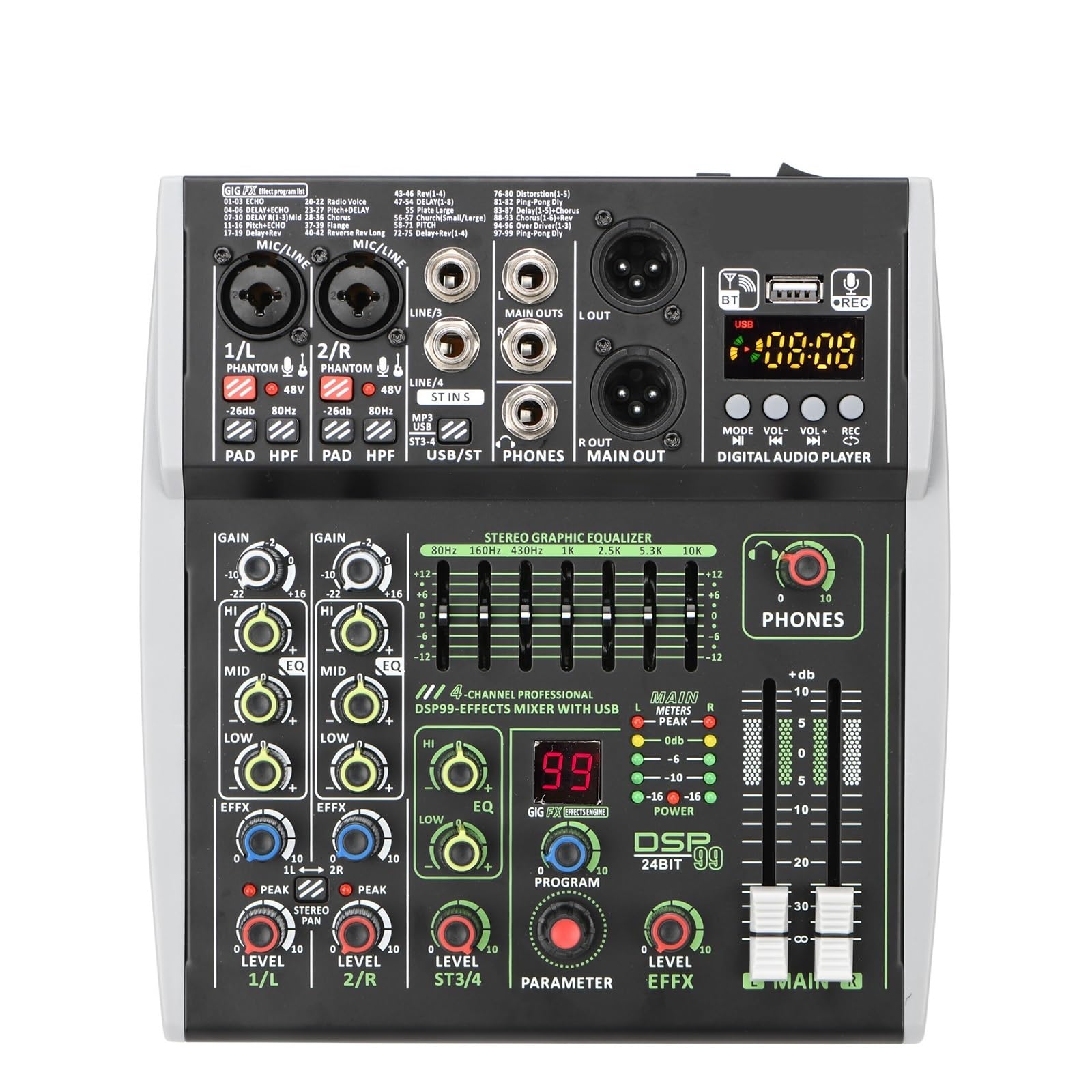 Mikser audio, 4/6 Kanałów Indywidualne Zasilanie Phantom 48V E 99 Efektów DSP USB Komputer Odtwarzaj Nagrywanie Podcast Mikser Audio do podcastów/nagrywania/wokalu(4 channel)