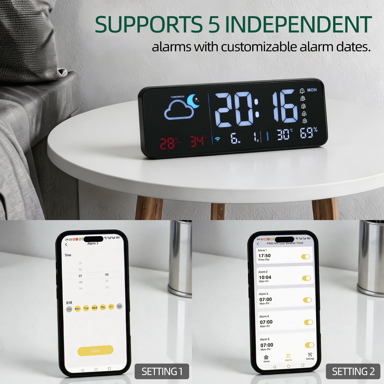 Seutgjie Digital Wecker WLAN mit Wetter Tischuhr/Wanduhr Schwarz | Digital Uhr Automatischer Zeitsynchronisation Wettervorhersage Temperatur Luftfeuchtigkeit für Schlafzimmer Büro Wohnrau