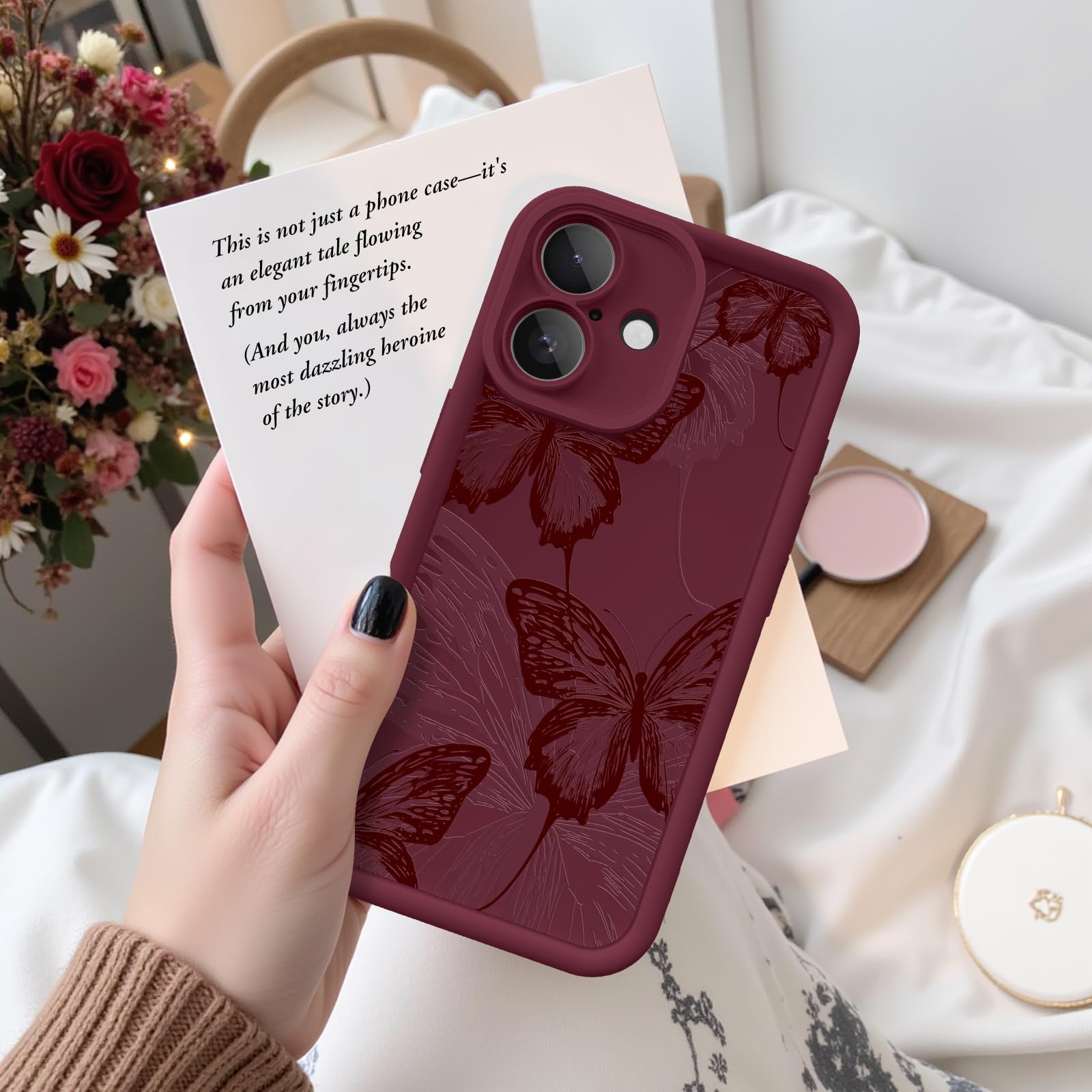 Custodia per iPhone 17, design creativo con motivo a farfalla, per ragazze e donne, in morbido silicone antiurto e antigraffio, cover per iPhone 17 (farfalla rossa bordeaux)