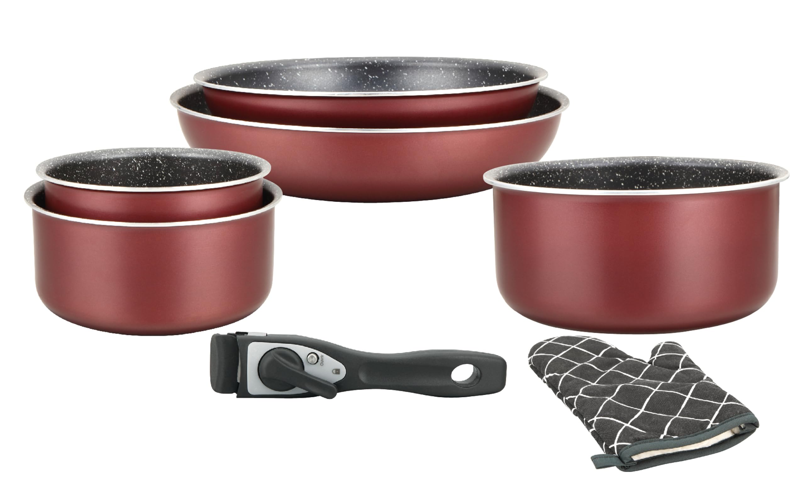 Herzberg - Batteria di Cucina - Set 3 Pentole Induzione e 2 Padelle Antiaderenti in Alluminio Forgiato - Manici Amovibili - Guanto da Cucina Incluso - Compatibile Tutti i Fuochi - Bordeaux