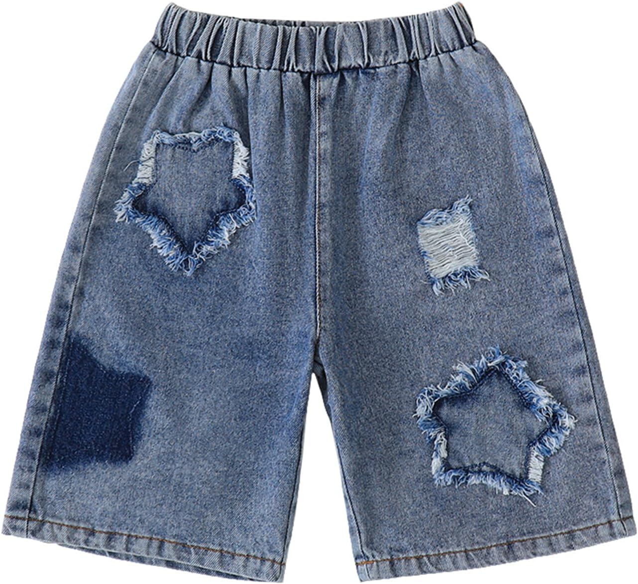 Hilinker Girls Denim Shorts Star Patch Elastic Waist Ripped Jean Shorts with Pocket Summer Clothes