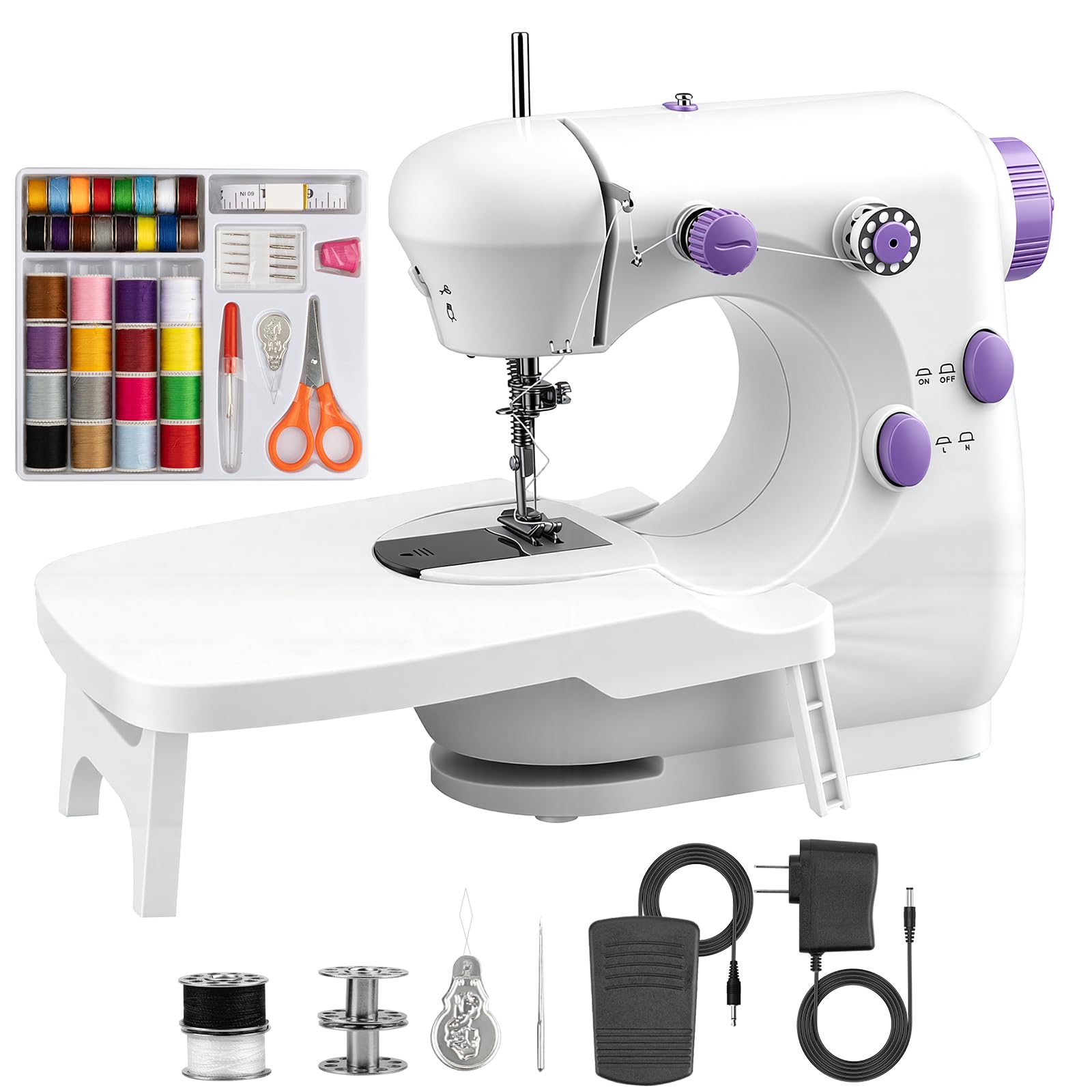 Nähmaschine für Anfänger mit 42 Teilen Zubehör, Tragbare Nähmaschine Kinder Elektrisch mit Dual-Speed, Leicht Tragbar für DIY & Handarbeit - für Kinder & Erwachsene (Lila/Weiß)