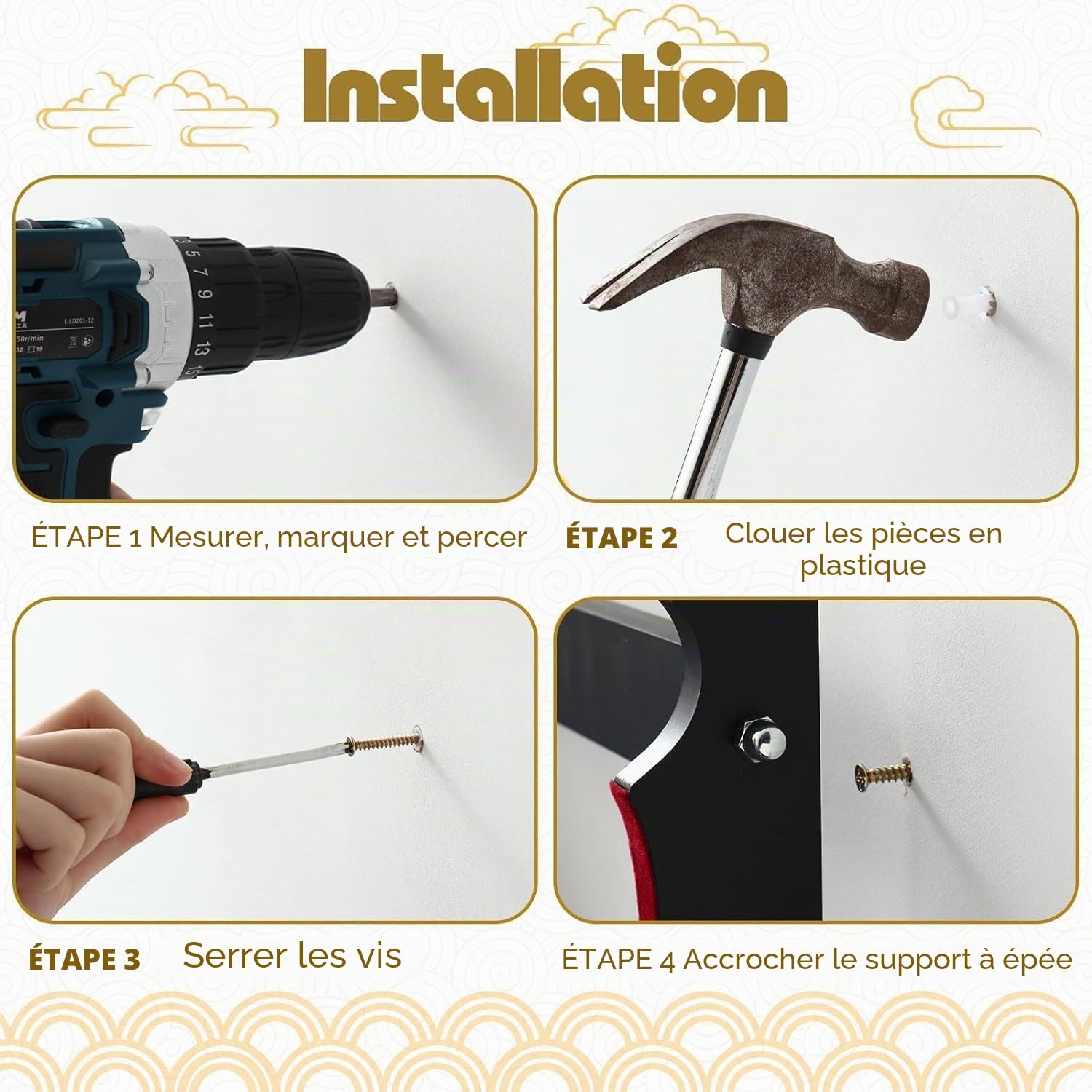 Support Mural épée Porte-épée présentoir rembourré Katana Wakizashi Genji et épées de samouraï,4 Tier